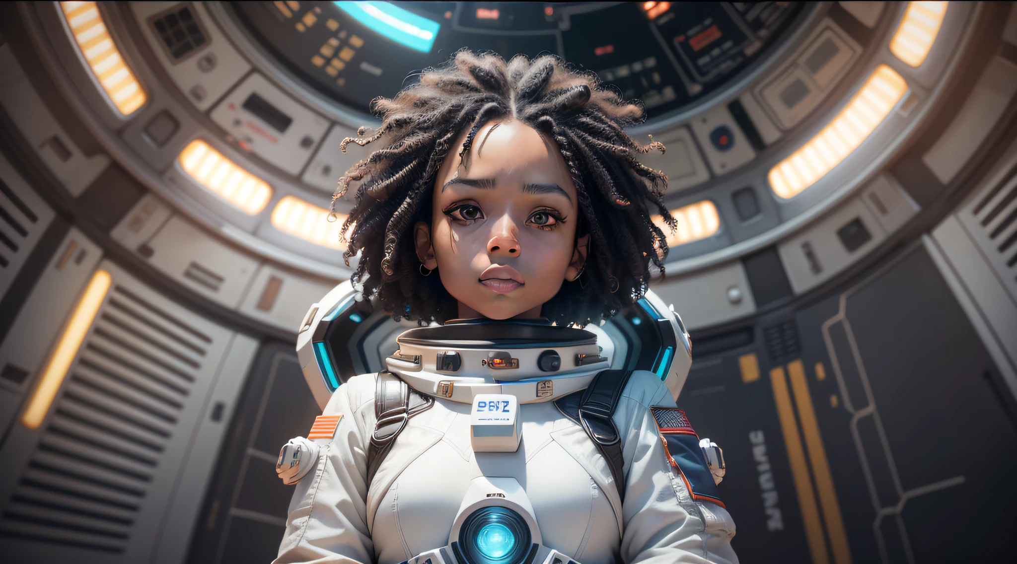 A girl with black skin and curly hair floats inside a large gravitational capsule, space objects floating in the background, anime portrait Space Cadet Girl, from a 2 0 1 9 Sci Fi 8 K movie, Zoe Kravitz futuristic astronaut, 8 K movie still, movie still 8 K, Zoe Kravitz as an astronaut, in spacesuit, girl in space, portrait 8k render, beautiful woman in spacesuit, amplitude, general plan, cinematic, photorealism, Photographed on a Canon EOS-1D X Mark III, 50mm lens, F/2.8, sharp focus, volumetric fog, dramatic light, volumetric light, neon, 8k uhd, dslr camera, maximum quality, film grain,