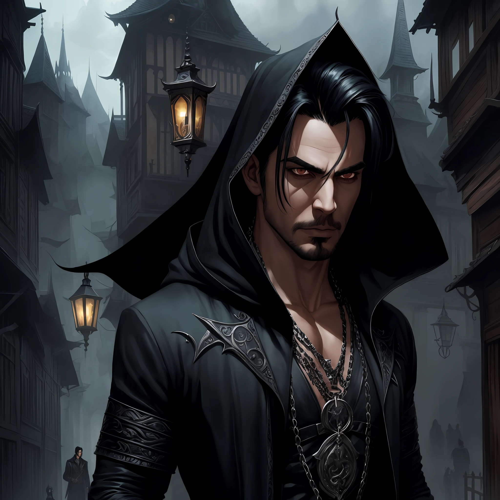seductive, highly detailed wallpaper of handsome man with black hair wearing a dark outfit, black skin, vampire, serious, hooded, gothic style, living in dark village, darkness, very detailed, realistic, by Stanley Artgerm Lau, greg rutkowski, thomas kindkade, alphonse mucha, loish, norman