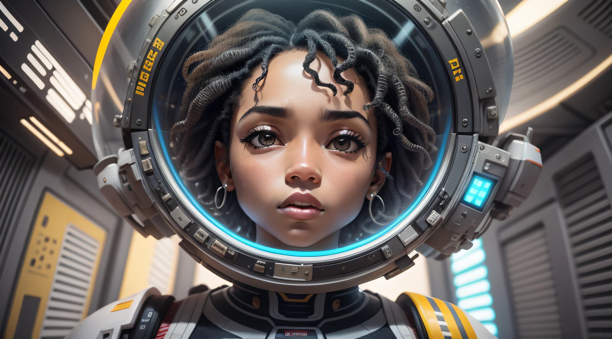 A girl with black skin and curly hair floats inside a large gravitational capsule, space objects floating in the background, anime portrait Space Cadet Girl, from a 2 0 1 9 Sci Fi 8 K movie, Zoe Kravitz futuristic astronaut, 8 K movie still, movie still 8 K, Zoe Kravitz as an astronaut, in spacesuit, girl in space, portrait 8k render, beautiful woman in space suit, amplitude, general plan, cinematic