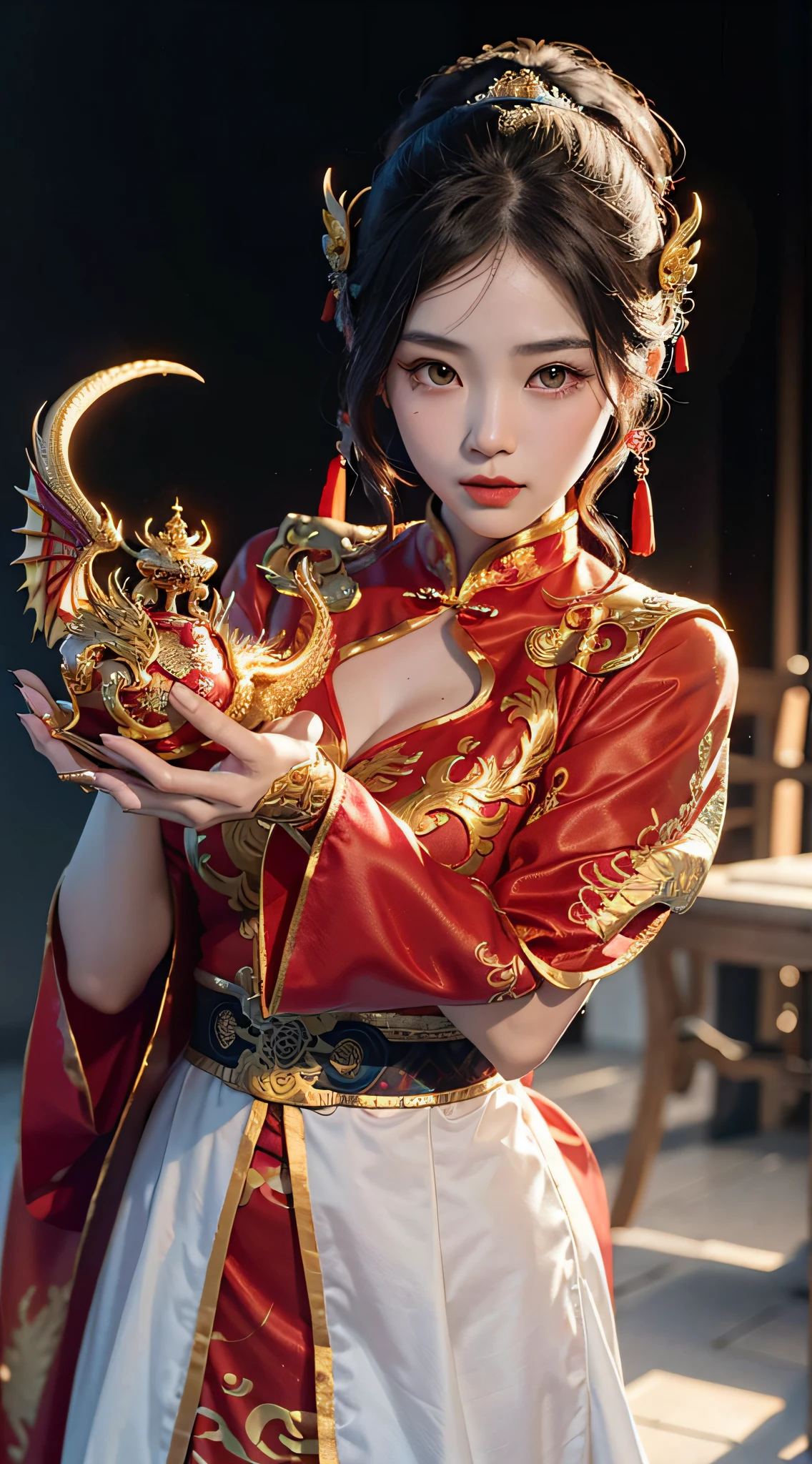 A woman with Chinese costume characteristics, she has a vermilion bird and a five-clawed golden dragon, ray tracing, maximum clarity multi-layer texture albedo, two-color light, large aperture low LSO, white balance, 8k, high dynamic range HDR