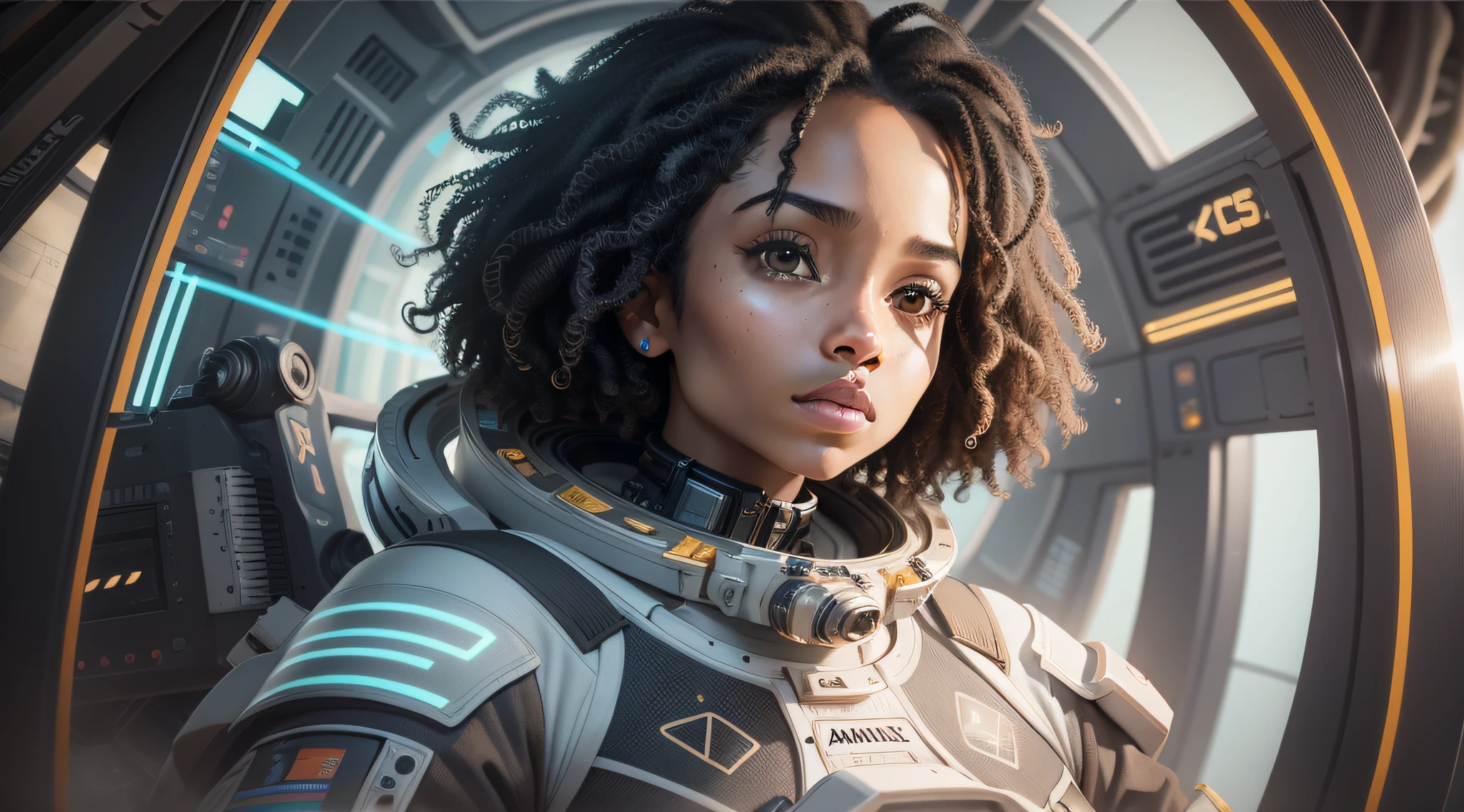 A girl with black skin and curly hair floats inside a large gravitational capsule, space objects floating in the background, anime portrait Space Cadet Girl, from a 2 0 1 9 Sci Fi 8 K movie, Zoe Kravitz futuristic astronaut, 8 K movie still, movie still 8 K, Zoe Kravitz as an astronaut, in spacesuit, girl in space, portrait 8k render, beautiful woman in space suit, amplitude, general plan, cinematic