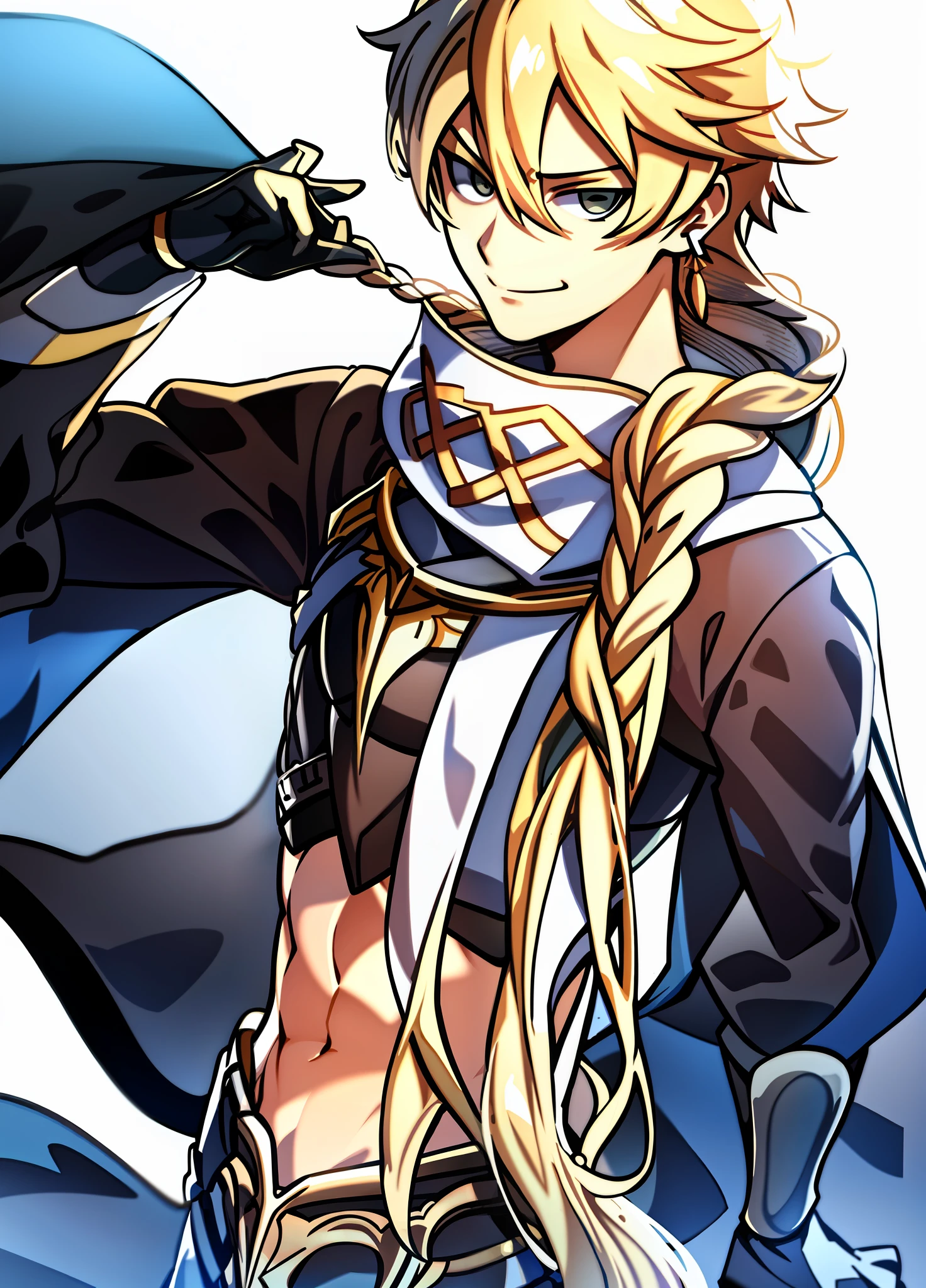 (white background: 1.3), best quality, materpiece, 1 boy, blonde hair, solo, cape, earrings, jewelry, gloves, belly, abs, navel, scarf, braid, single braid, gloomy, standing, 20 years old, smirk,