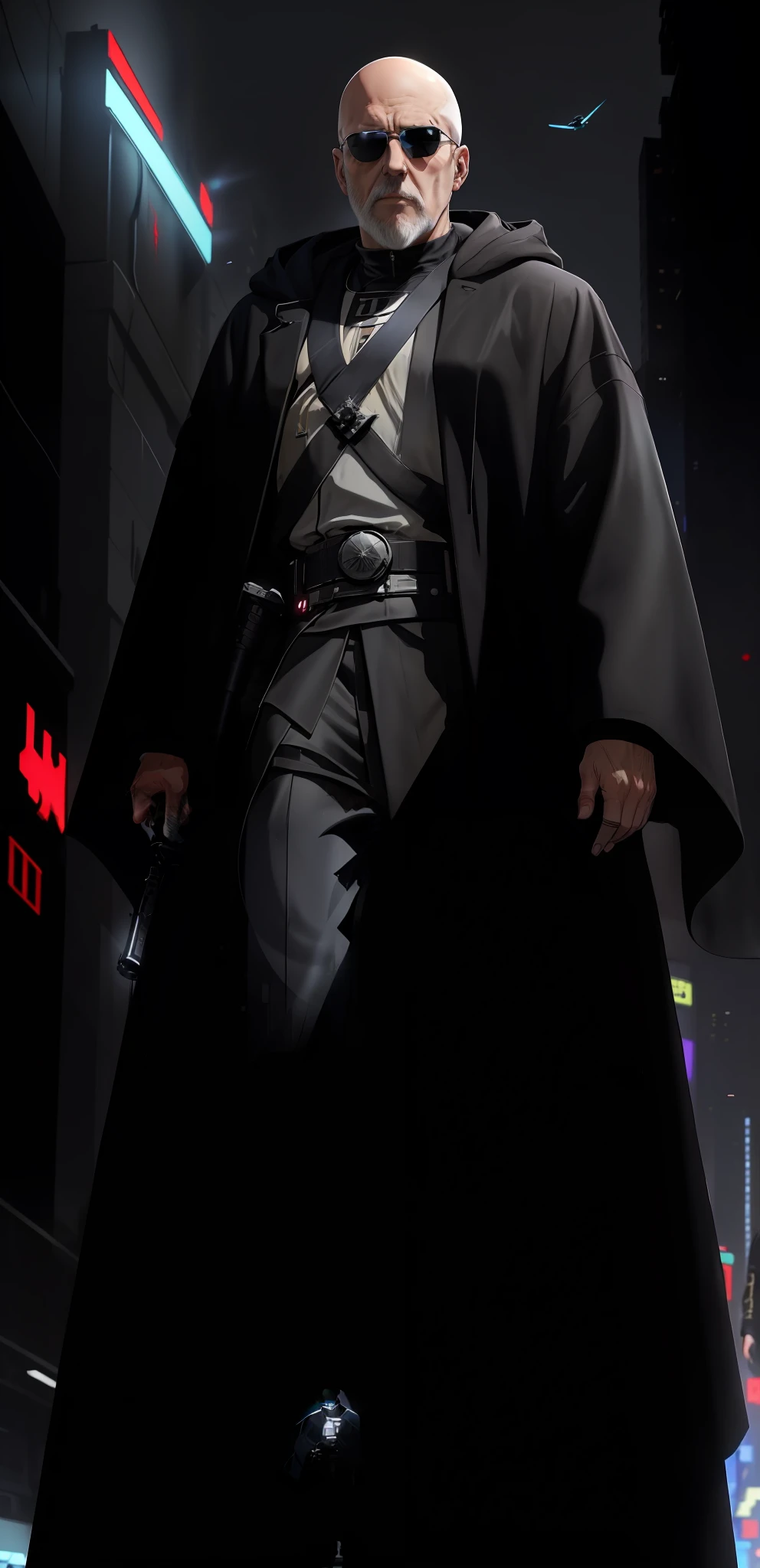 Man of 50 years white, bald, gray beard, hood and sunglasses dressed all in black, overcoat black, create a Jedi knight, coming out of a UFO, coming out of Flying Saucer, with his sword of blue light, in the middle of a busy avenue, at night, people running, anime-style art, traditional anime, cyberpunk, chaos