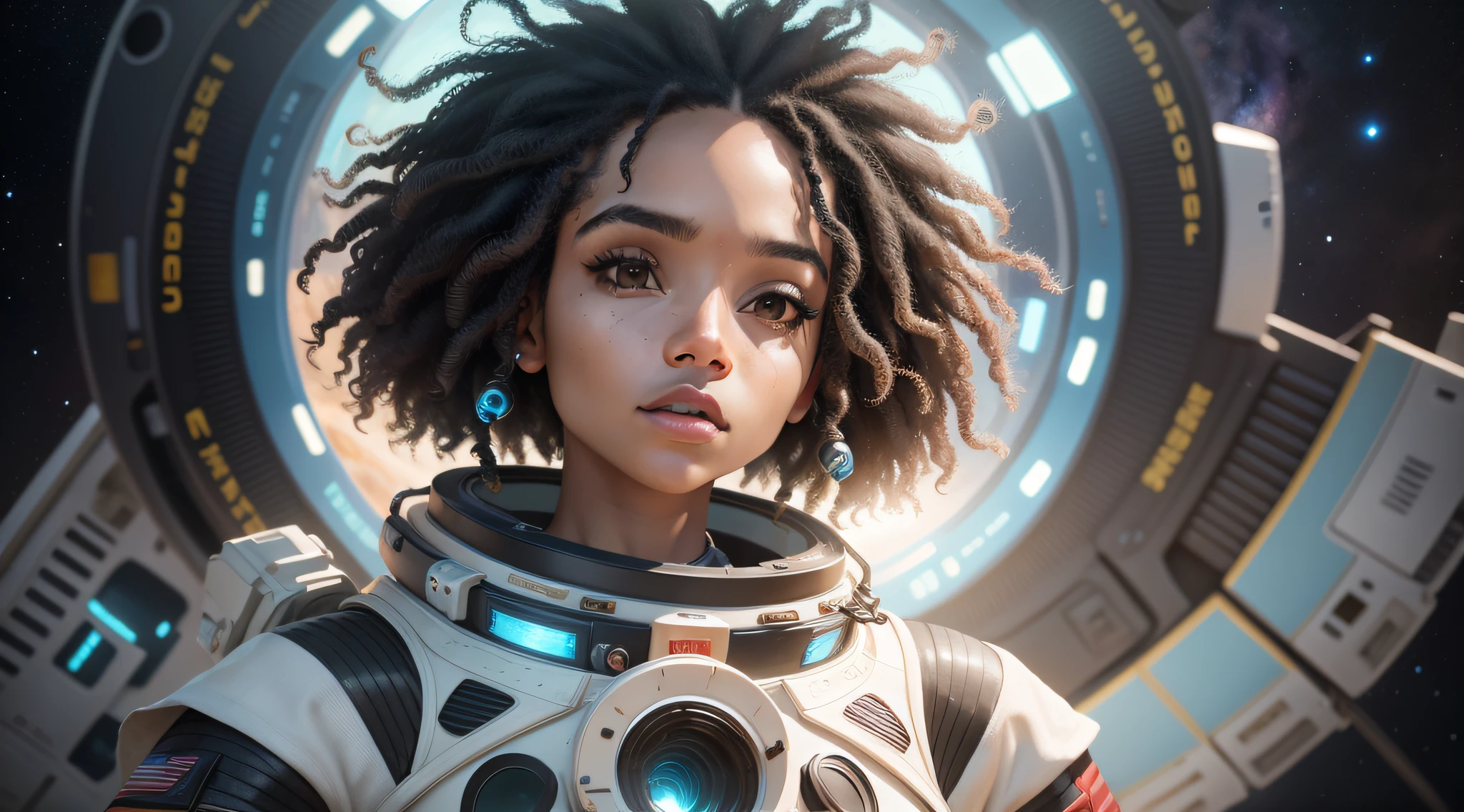 A girl with black skin and curly hair floats inside a large gravitational capsule, space objects floating in the background, anime portrait Space Cadet Girl, from a 2 0 1 9 Sci Fi 8 K movie, Zoe Kravitz futuristic astronaut, 8 K movie still, movie still 8 K, Zoe Kravitz as an astronaut, in spacesuit,  girl in space, 8k render portrait, beautiful woman in space suit