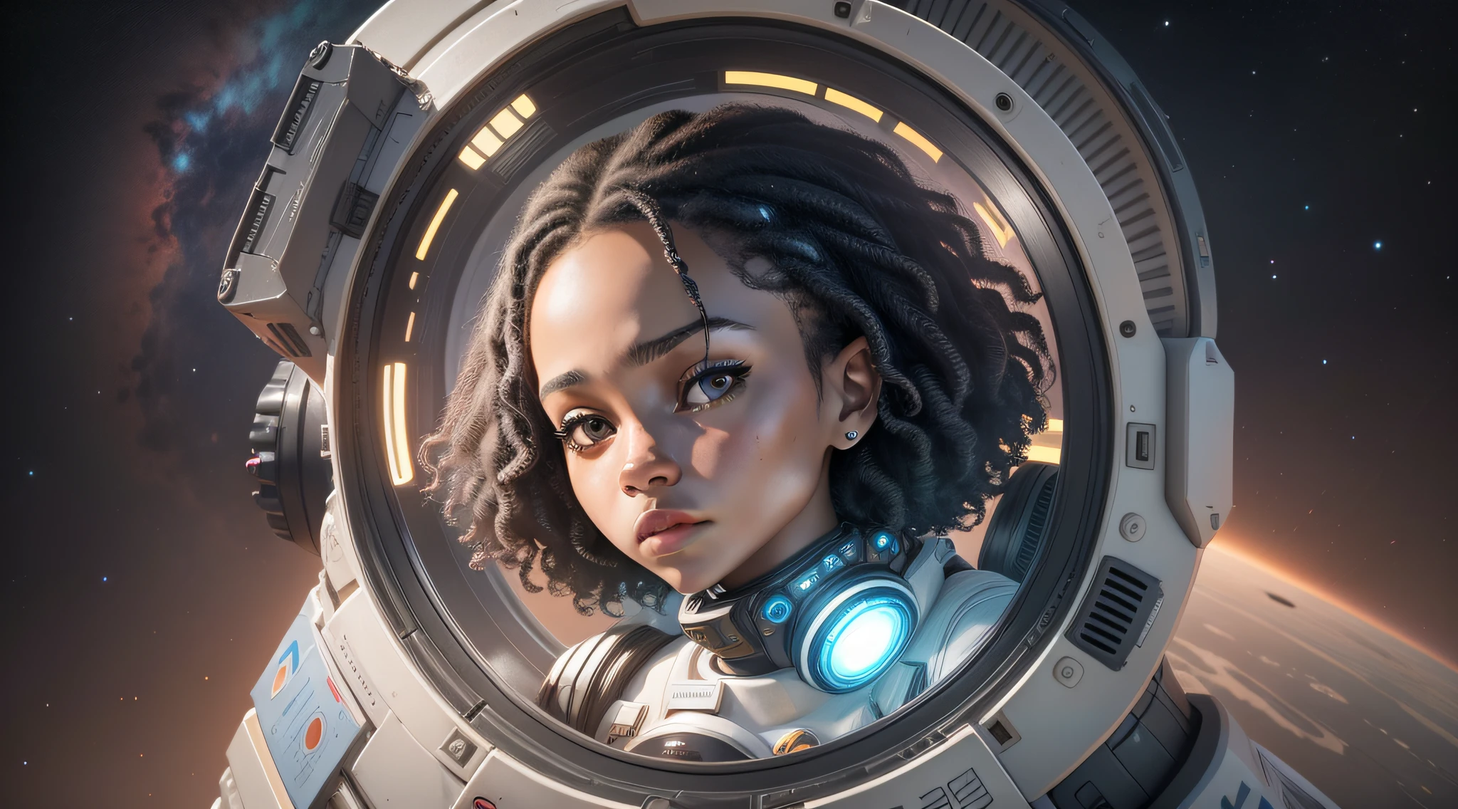 A girl with black skin and curly hair floats inside a large gravitational capsule, space objects floating in the background, anime portrait Space Cadet Girl, from a 2 0 1 9 Sci Fi 8 K movie, Zoe Kravitz futuristic astronaut, 8 K movie still, movie still 8 K, Zoe Kravitz as an astronaut, in spacesuit, girl in space, 8k render portrait, beautiful woman in space suit