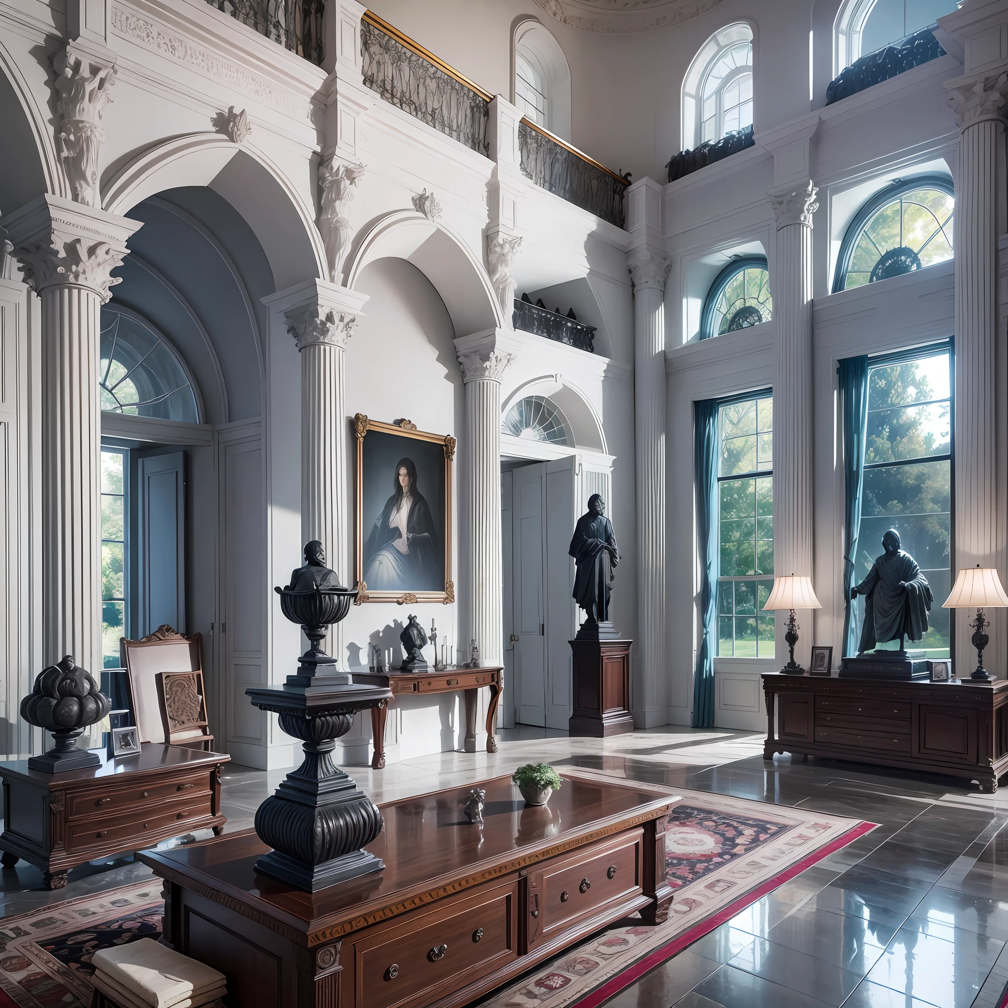 Superior quality, best quality, real image, realistic image, real photo, interior of a white house, cool colors, with artwork and statues, dark, gothic. --auto --s2