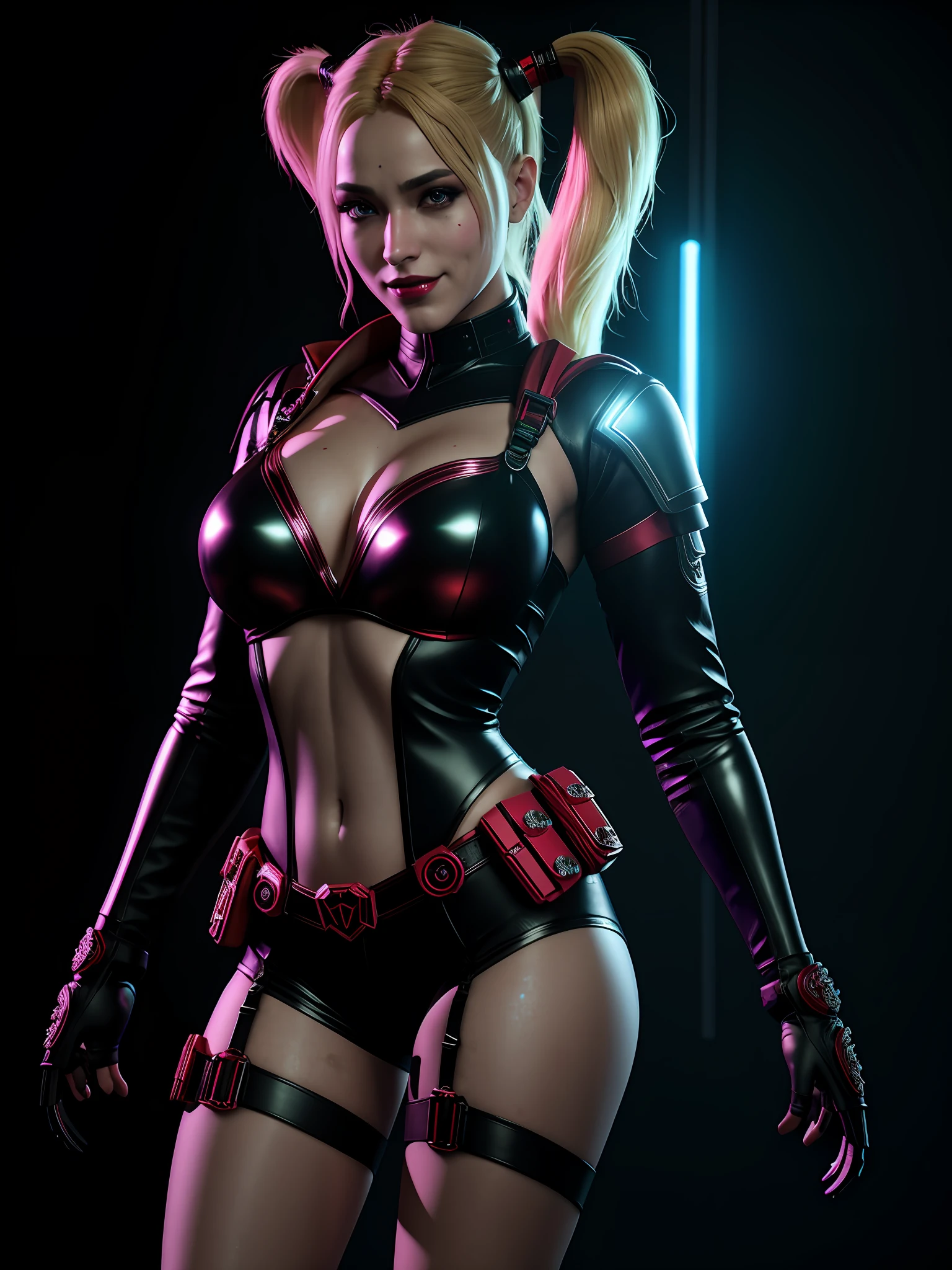 midjourny-v4 style, Professional Photoshot medium a Harley Quinn with highly detailed intricate cybernetics outfit, highly detailed beautiful face, standing in darkness with black particles surrounded the body, proportional body shape + perfect anatomy, symetrical dynamic pose, volumetric shadow, neon glowing dust particles effect + detailed particles, full hd render + 3d octane render + unreal engine 5 graphic 4k UHD + immense detail + dramatic lighting + well lit + intricate + fine details + octane render + Ray tracing + 8k + sharp focus + high vibran contrast, in the style DC style, trending on ArtStation, big breasts, sexy hip