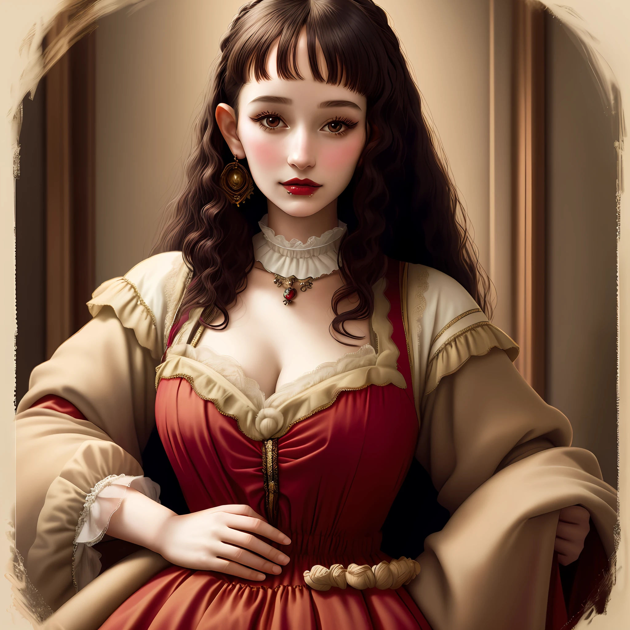 Detailed portrait of beautiful woman, 32 years old, Renaissance dress, curly dark hair, lipstick, in an 1800s brothel