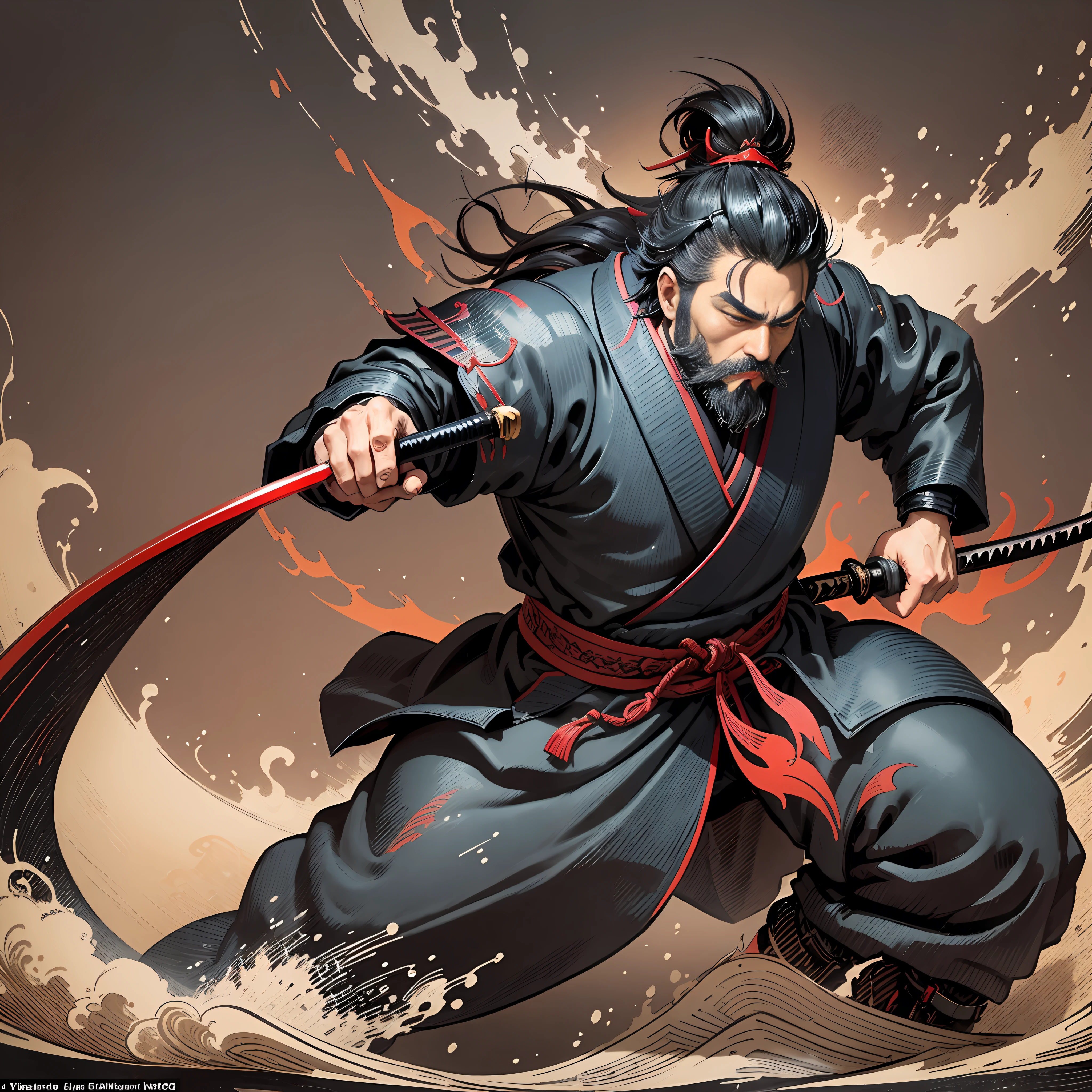 It is a Katsushika Hokusai-style line drawing with natural colors. The swordsman Miyamoto Musashi is a Japan samurai with a large strong physique like a strong man. His face is very dignified. He also has short black hair and a short, trimmed beard. His upper body is covered in a black kimono and his hakama is knee-long. In his right hand he holds a Japan sword with a longer sword part. High quality, masterpiece high resolution ukiyo-e style. Red flames swirling in the dark night. Miyamoto Musashi faces the front and swings his sword down forcefully.