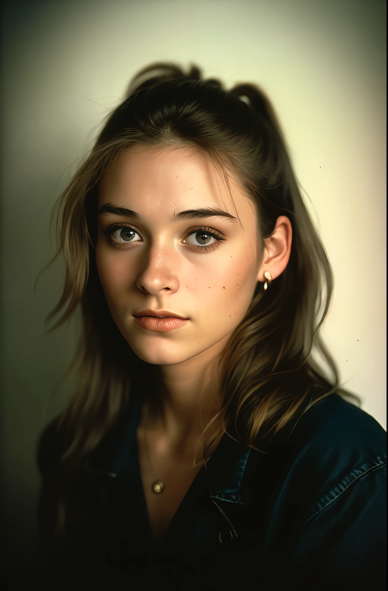 (close-up, editorial photograph of a 20-year-old woman from the 1980s), (highly detailed face:1.4) (smile:0.7) (background inside dark, moody, private study:1.3) POV, by lee jeffries, nikon d850, film bank photography,4 kodak portra 400, camera f1.6 lens, rich colors, hyper realistic, realistic texture, dramatic lighting, cinestill 800,