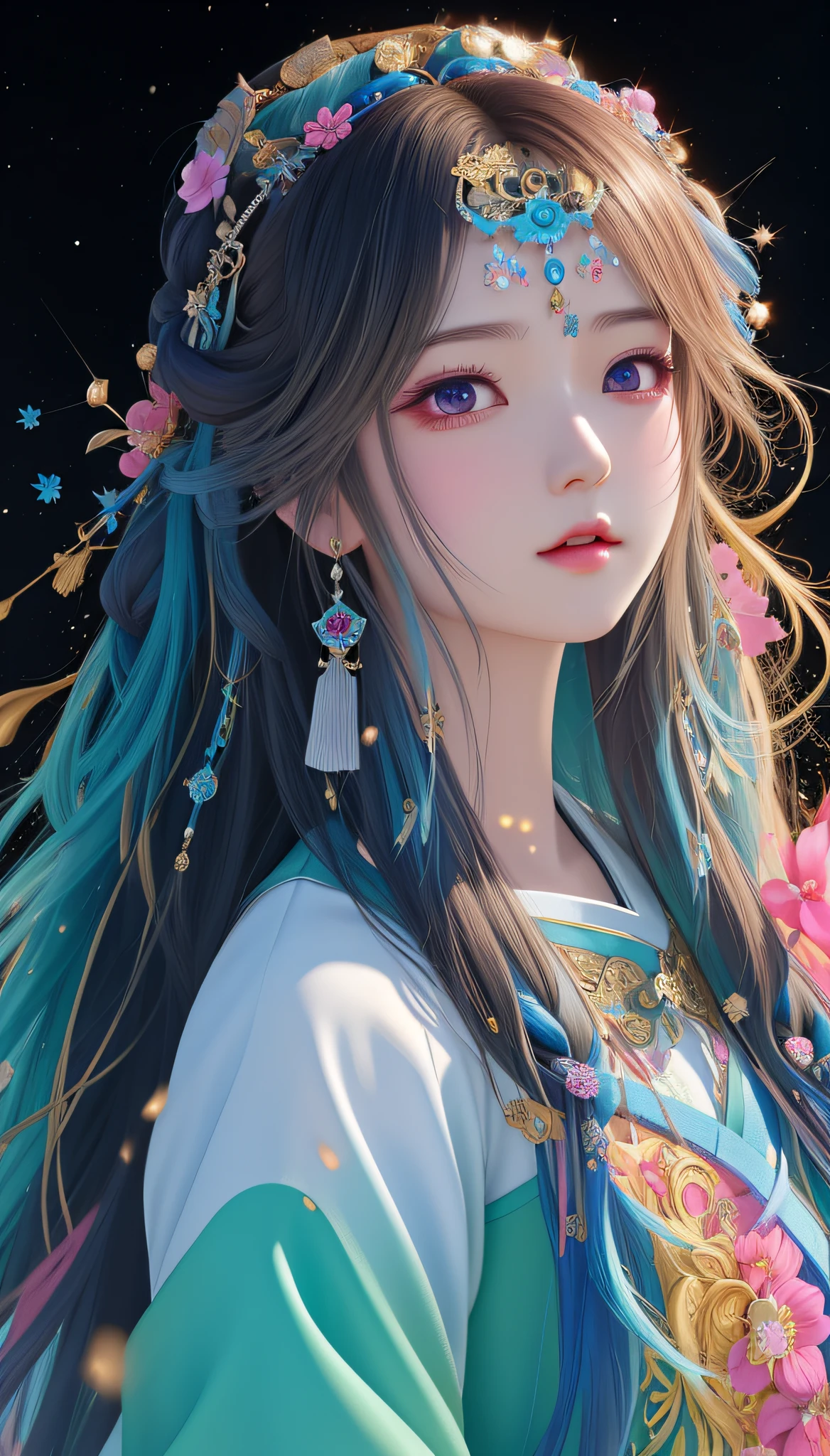 a close up of a woman with long hair wearing a colorful headpiece, 8k high quality detailed art, palace , a girl in hanfu, 4k highly detailed digital art, artwork in the style of guweiz, anime style. 8k, fantasy art style, guweiz, anime girl with cosmic hair, beautiful digital artwork, beautiful digital illustration