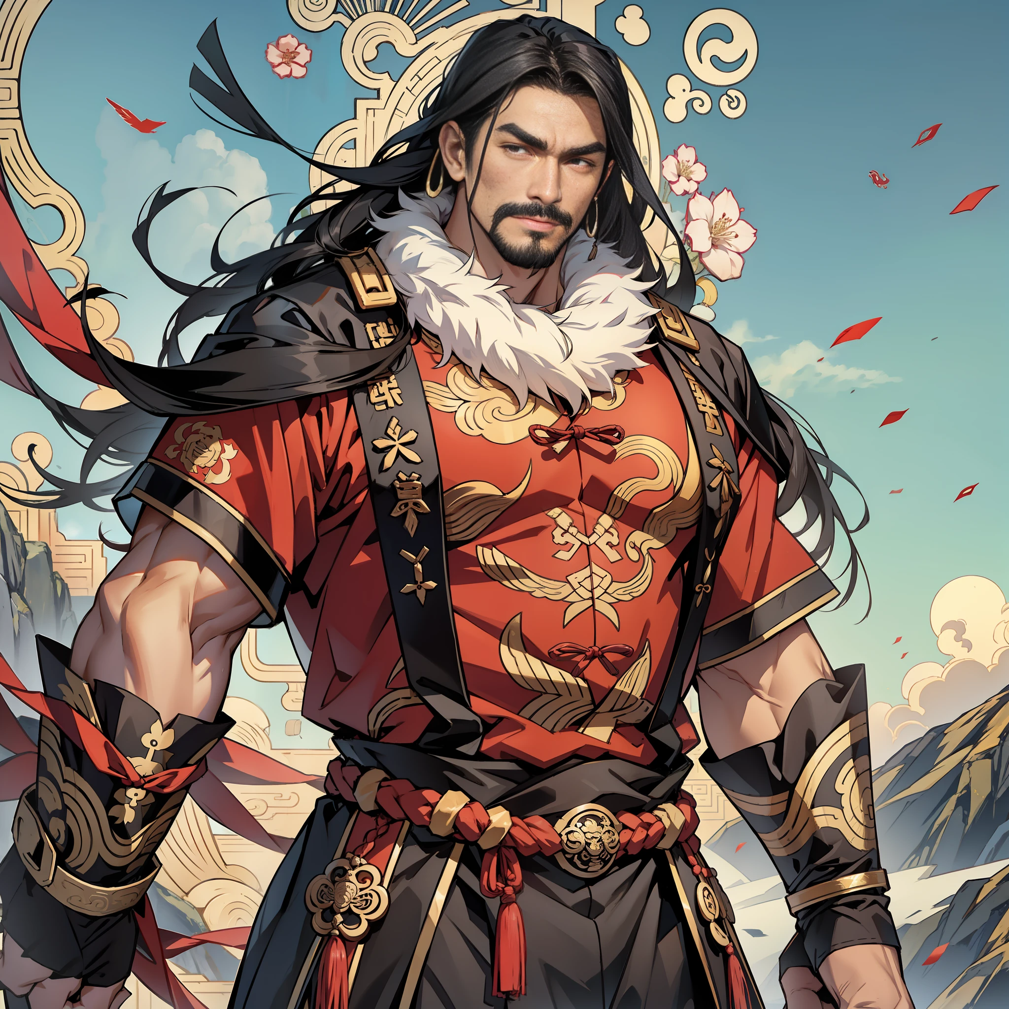 Long black hair, ancient Chinese clothing, middle-aged man, muscular, big man