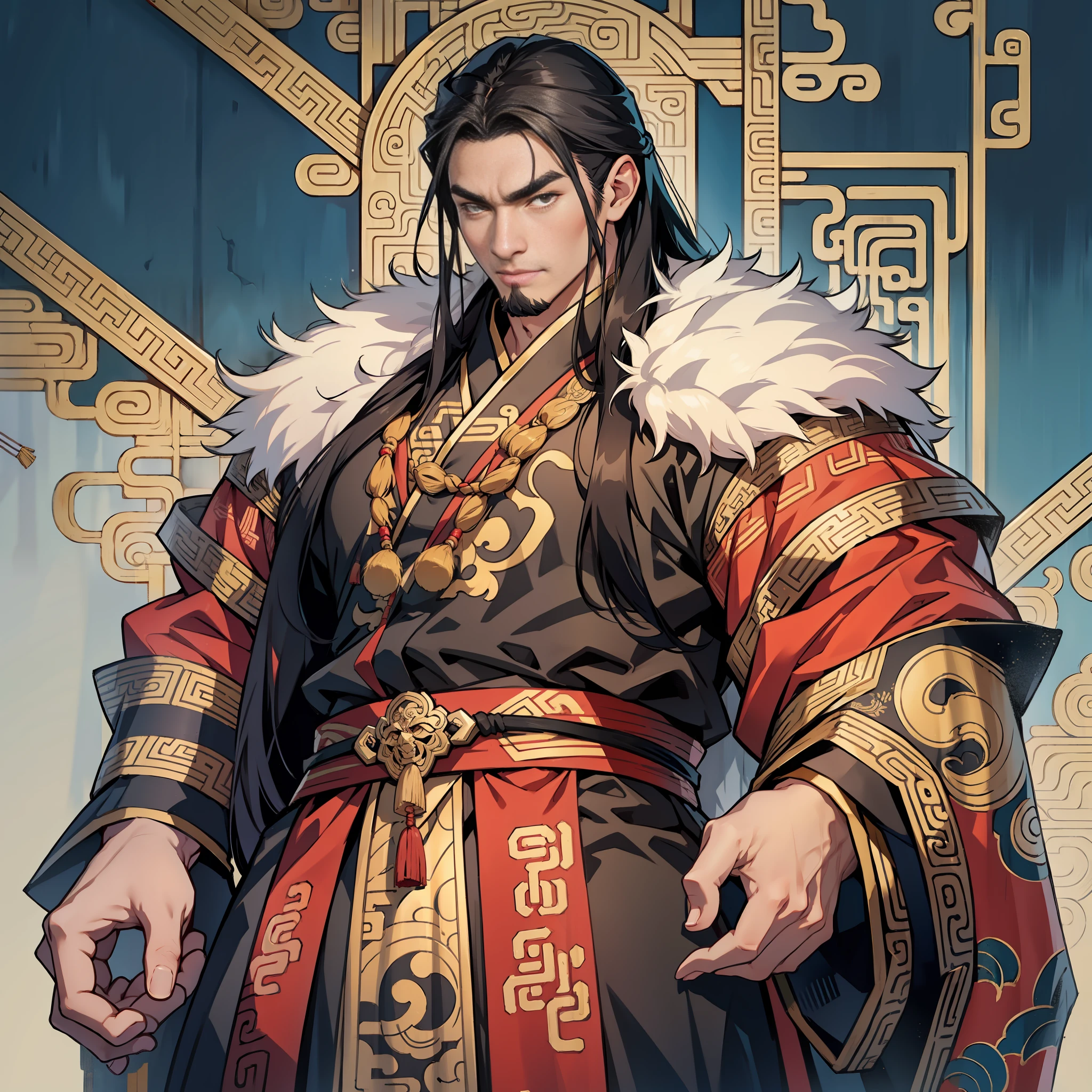 Long black hair, ancient Chinese clothing, middle-aged man, muscular, big man