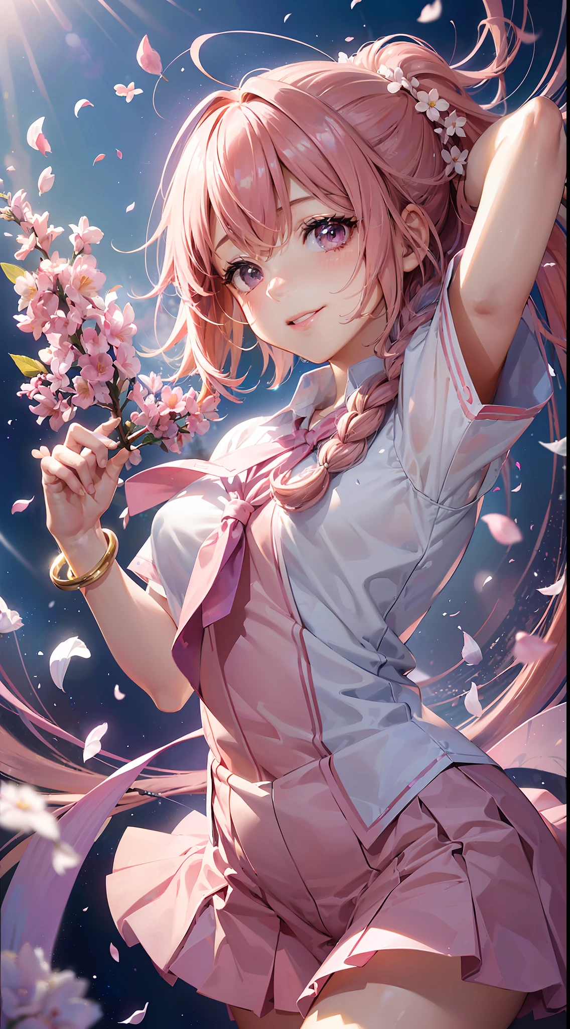 High resolution, ultra-detailed, ((((2D))), Japan person, 1 girl, 16-year-old high school girl, (((pink hair)), intricate and beautiful braided hairstyle, pink school uniform, uniform by designer, short sleeves, (bob hair), dull bangs, finely detailed eyes, golden ratio face, 8 lifents, sunlight, complex iridescent light grains, complex light reflection, beautiful petal shower, background blue sky, transparency, hidden beauty, Smile, deep description, whole body, full of energy, looking at the viewer, fantastic description, complex attraction, tenderness overflowing from the inside, neon, beautiful fine petals or dancing, little skin exposure, dynamism, holding a mobile phone, carefully drawn fingers, many flowers drawn, soft skin feeling,