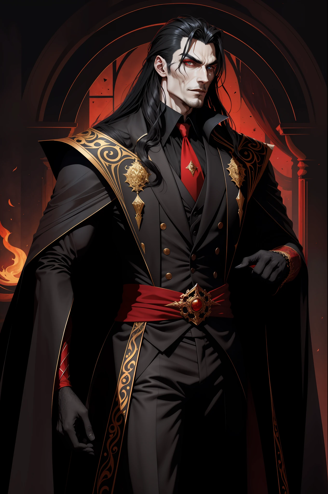 He has a tall and athletic stature, about 1.90 meters tall. Its appearance is marked by a pale, almost translucent skin, giving it a mysterious and otherworldly air. His eyes are mesmerizing, of an intense and piercing red, capable of captivating and terrifying at the same time. His gaze carries the promise of a hidden power and an insatiable thirst for blood. Dracula has a long, silky black hair that cascades over his shoulders. Her hair is perfectly groomed, adding a touch of sophistication to her appearance. He maintains a neatly trimmed beard, which highlights his angular features and adds an air of mystery to his countenance. His face is marked by aristocratic features and a haughty expression. It has pronounced cheekbones and a strong jaw, which gives it an imposing and dominant appearance. When he smiles, his sharp fangs stand out, reminding everyone of his vampiric nature. Regarding his clothing, Dracula opts for exquisite and luxurious costumes. He wears a long, black robe, decorated with gold and red accents, which wrap around his body and add an air of majesty. Under the robe, he wears a black silk shirt with a turtleneck, conveying an image of elegance and power. Completing the look, he wears black gloves that accentuate his refined and enigmatic style. (masterpiece, best quality, high resolution: 1.4), detailed, intricate details, 4K, color splashes, line art, fibonacci, Dracula, Eye correction, beautiful eyes