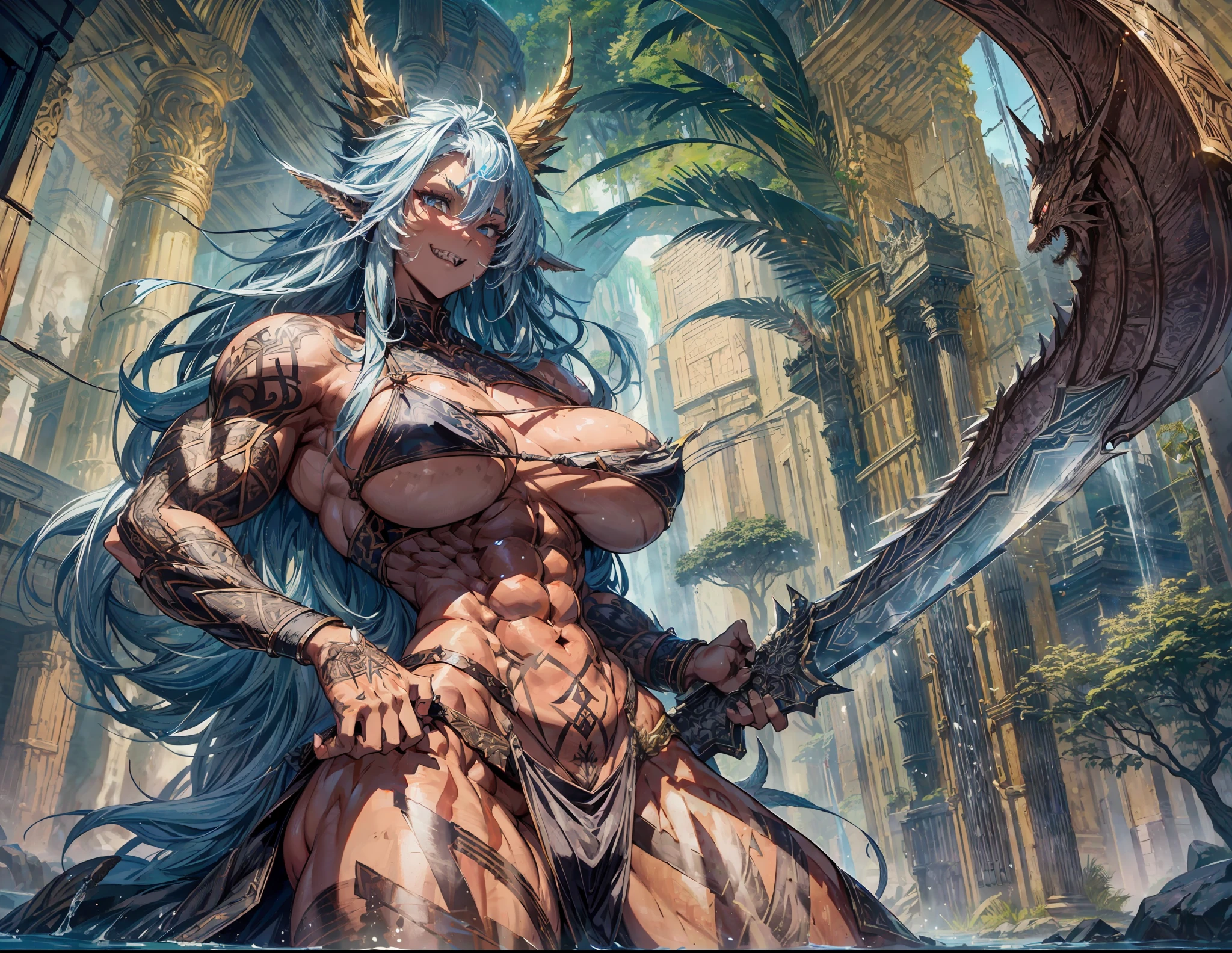(A muscular and monstrous barbarian girl wielding a massive sword, adorned with intricate tattoos, and baring sharp teeth) + dynamic pose + intricate details + joyfully laughing, with her dragon as a pet, (big_body:1.9),(dark_skin:1),(intricate_detail:1),(complex_background:1.1),waterfall background, temple background