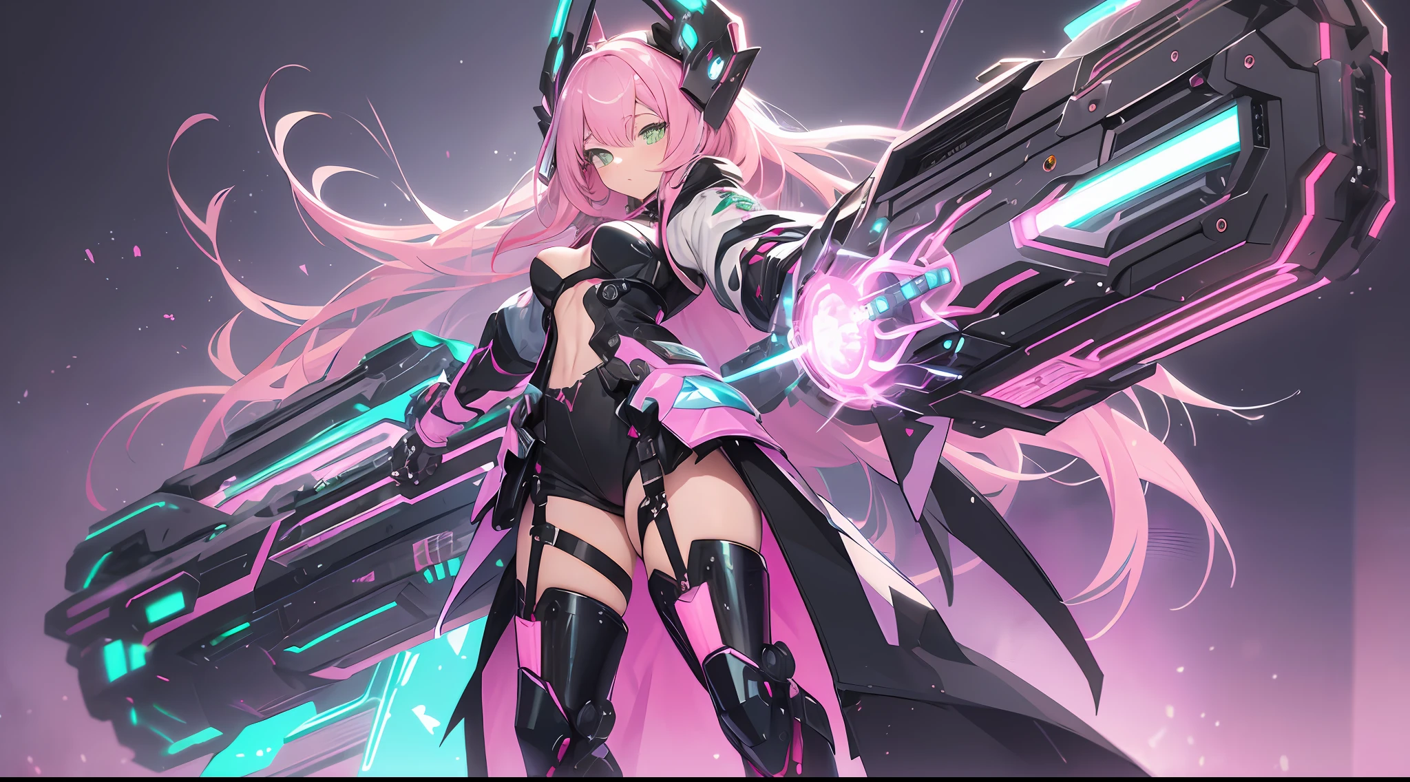 (((masterpiece)))fullbody,fullbodyshot (1 girl)(((pink hair, long hair,straight hair,two side up))), (((green eyes))),eyeshadow, eyeliner,glow eyes, hyper detailed eyes, intricate eyes, beautiful eyes, detailed eyes,((star-shaped pupils,glowing pink pupils))18-year-old girl.((wearing a Transparent jacket made of PVC material)).huge cool Gatling in hands, huge cool weapon machine, mecha, mechanism, machine, open stance,