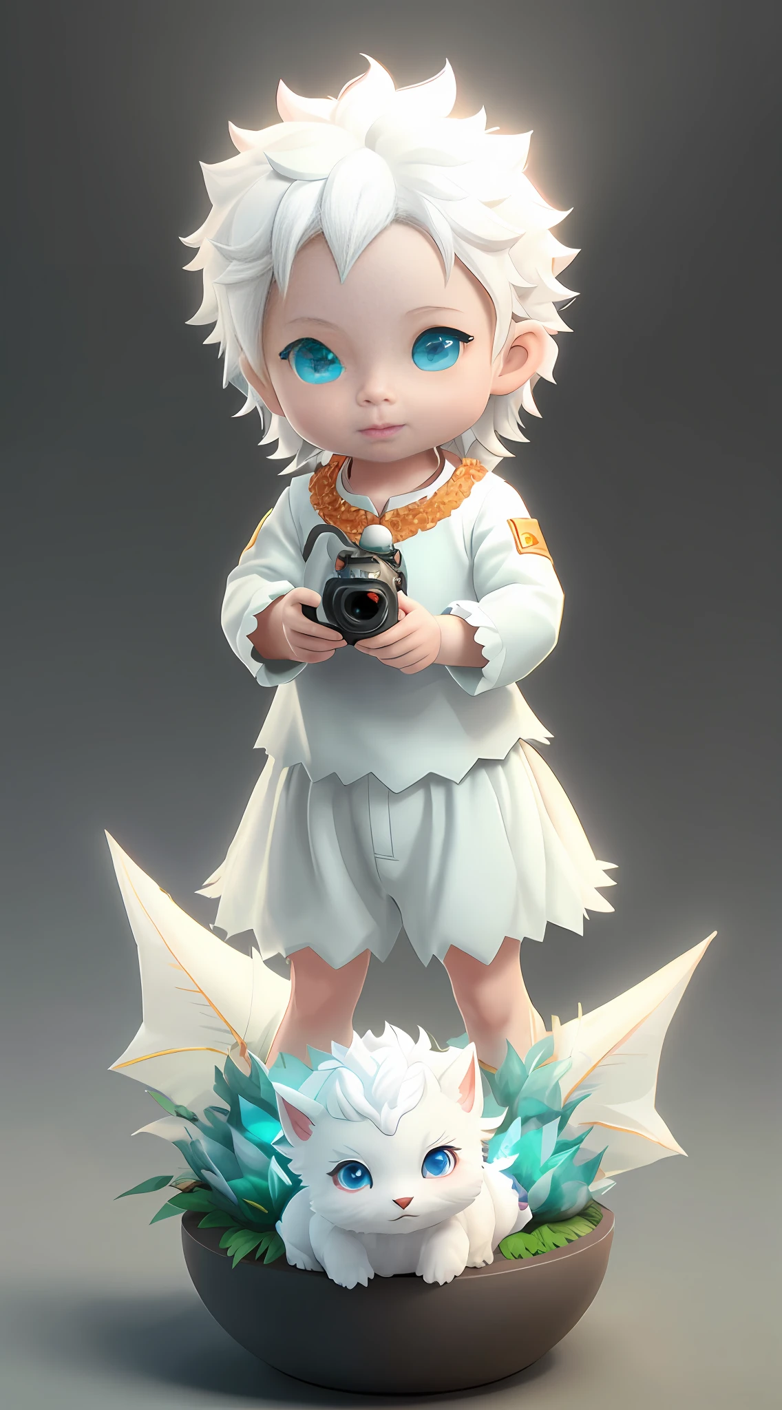 there is a small statue of a boy with a camera and a cat, lalafell, childrens art in artstation, 3 d render character art 8 k, cute 3 d render, cute detailed digital art, adorable digital painting, 3 d render official art, advanced digital chibi art, hyperdetailed fantasy character, 3 d character art, cute digital art