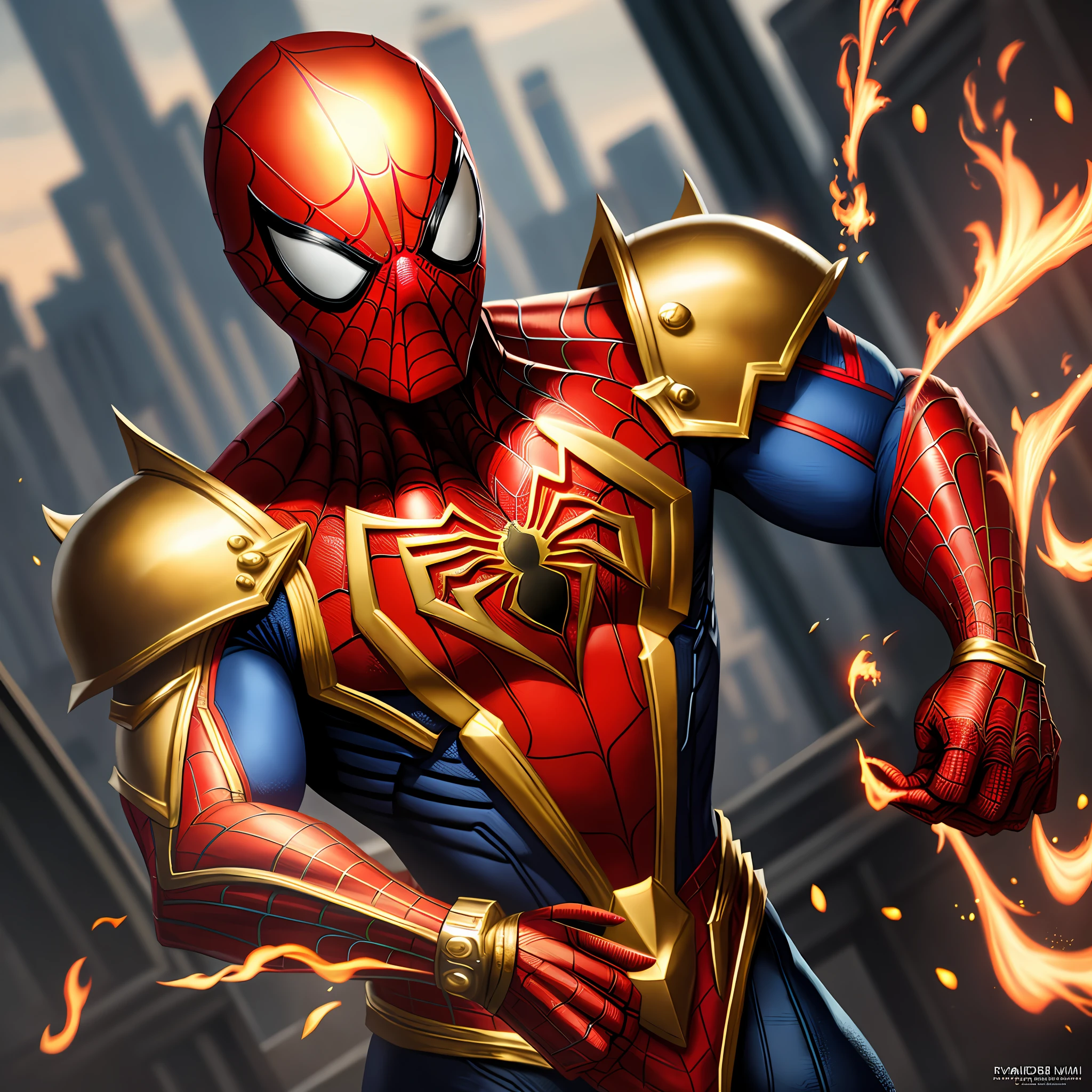 Spiderman, with gold armor, with fire web(high quality and realism) extremely detailed 4K