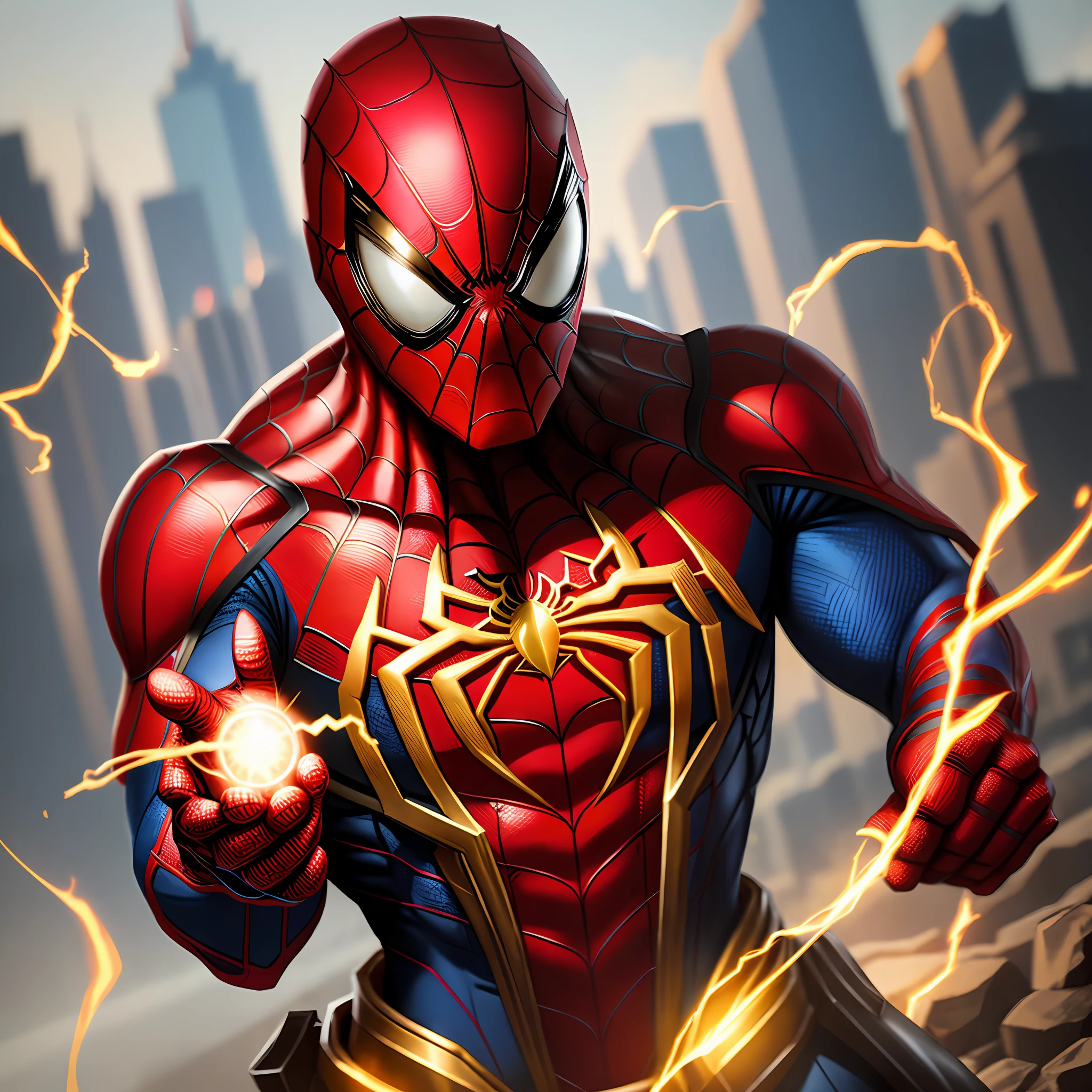 Spiderman, with gold armor, with fire web(high quality and realism) extremely detailed 4K