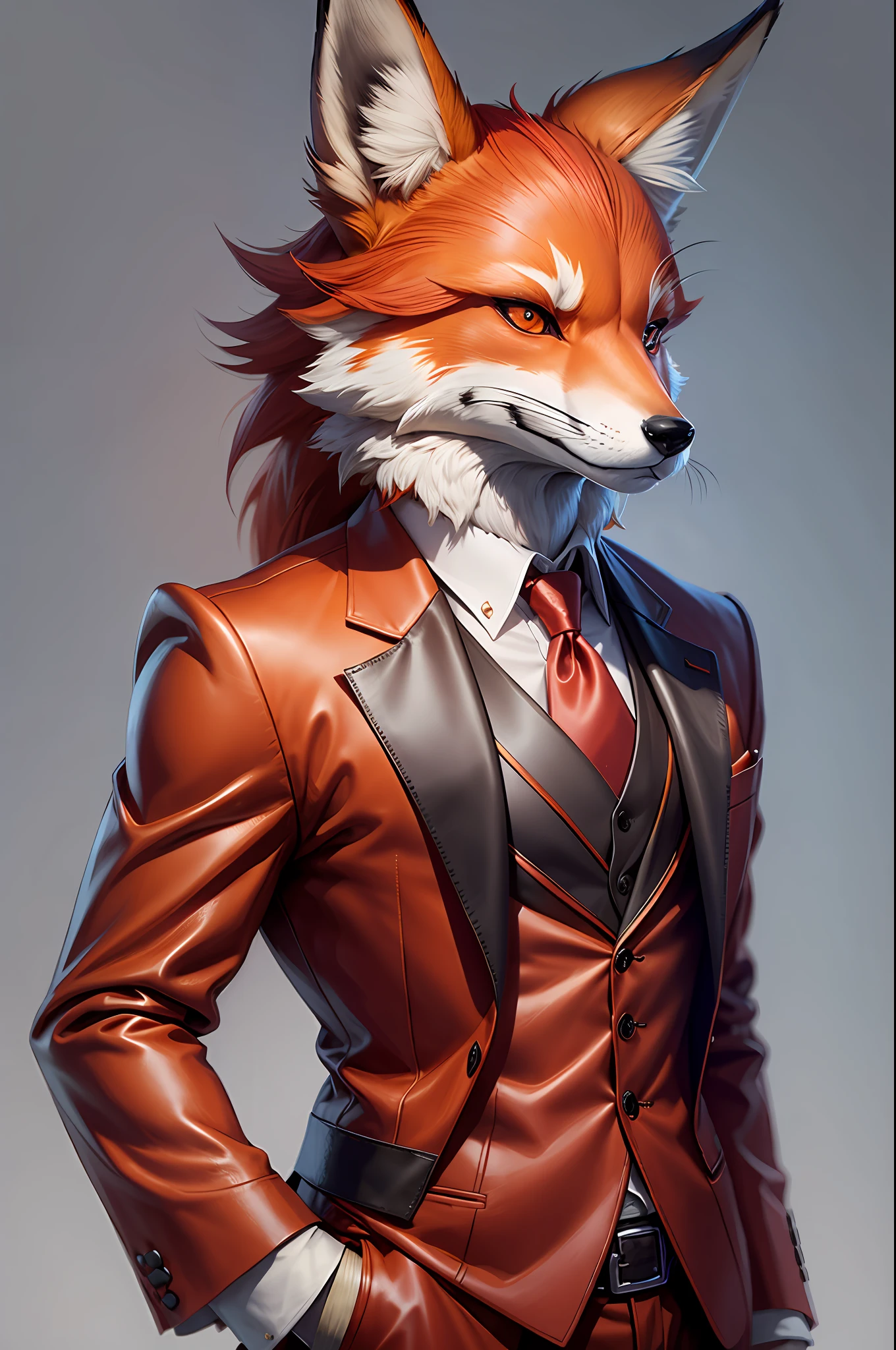 Man in stylish fitted business red suit and red fox mask, red business suit, digital fox, realistic fur, anthropomorphic fox, anthropomorphic fox, anthropomorphic fox, realistic, detailed fur, hyper-realistic fur, fluffy fur, fursona, fursona in stylish red leather business clothes, fox people, nobushi foxes, anthro fox