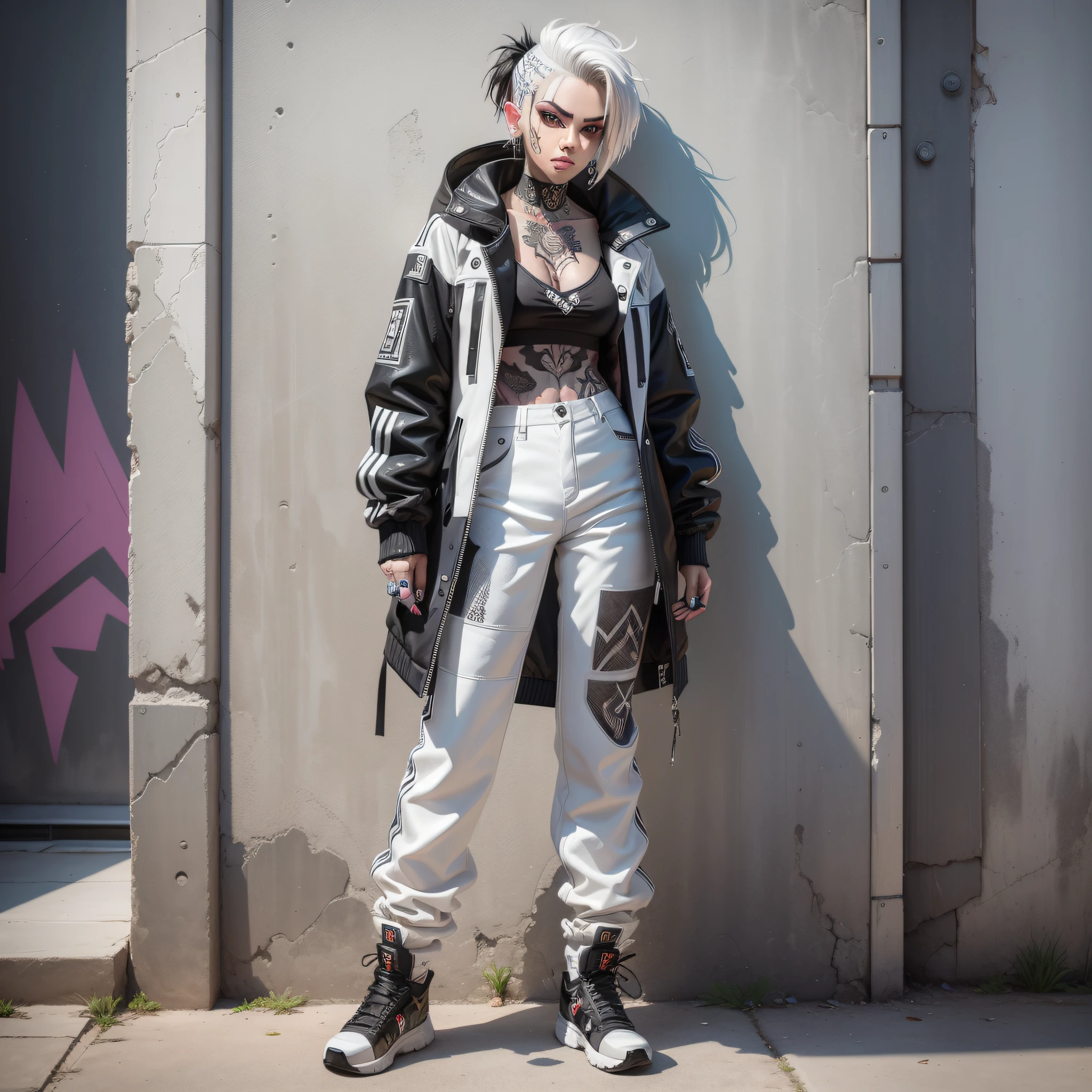 (a badass, stylish, gothic, techy, tattooed woman) (doing graffiti) with (paint marks on her jacket and face) (short white hair) (jacket and pants with intricate black and white geometrical patterns as style) (androgynous look), (standing with her arms and legs crossed, leaning on wall), (graffiti on the wall, vibrant, colorful), (masterpiece) full body, portrait, 8k, 50mm