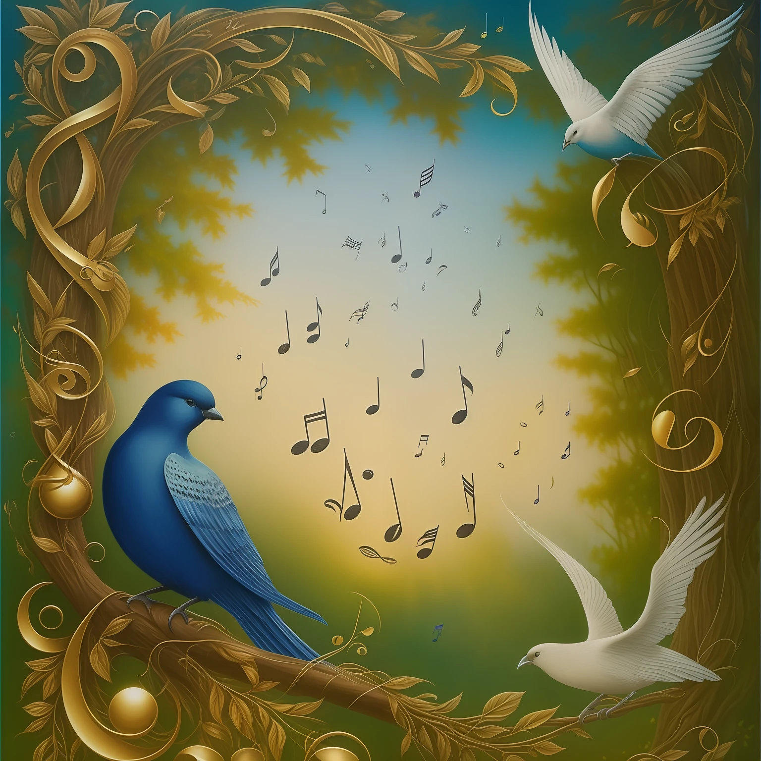 Birds and musical notes inspired by Edward Robert Hughes