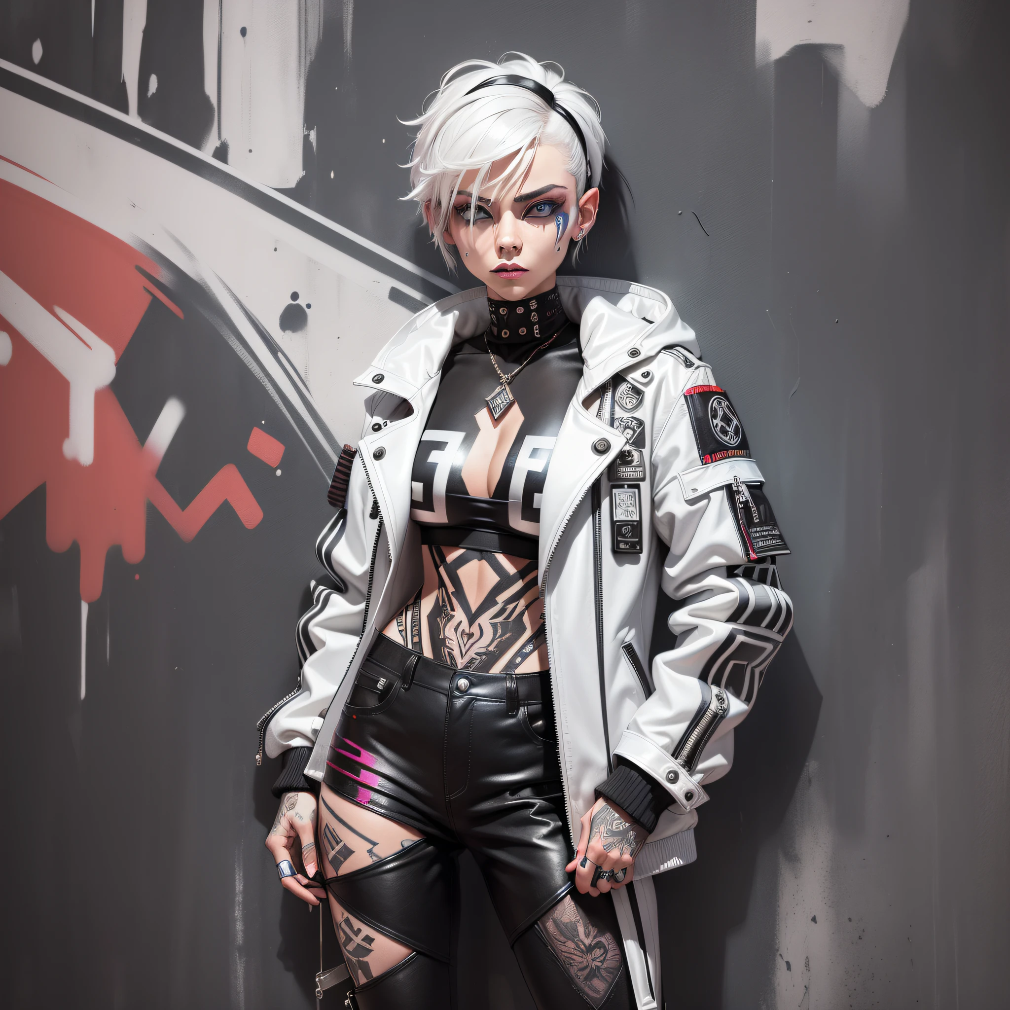 (a badass, stylish, gothic, techy, tattooed woman) (doing graffiti) with (paint marks on her jacket and face) (short white hair) (jacket and pants with intricate black and white geometrical patterns as style) (androgynous look), (standing with her arms and legs crossed, leaning on wall), (graffiti on the wall, vibrant, colorful), (masterpiece) full body, portrait, 8k, 50mm