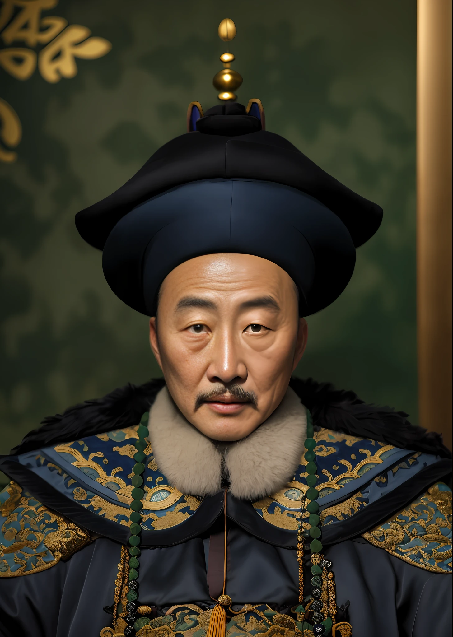 An ancient Chinese emperor, about 35 years old, wearing a Qing dynasty hat, dark blue cloth official uniform, black plush neckline, green bead necklace, realistic close-up of the face, detailed clothing details and patterns, character photography, ambient light, background light, Tyndall light