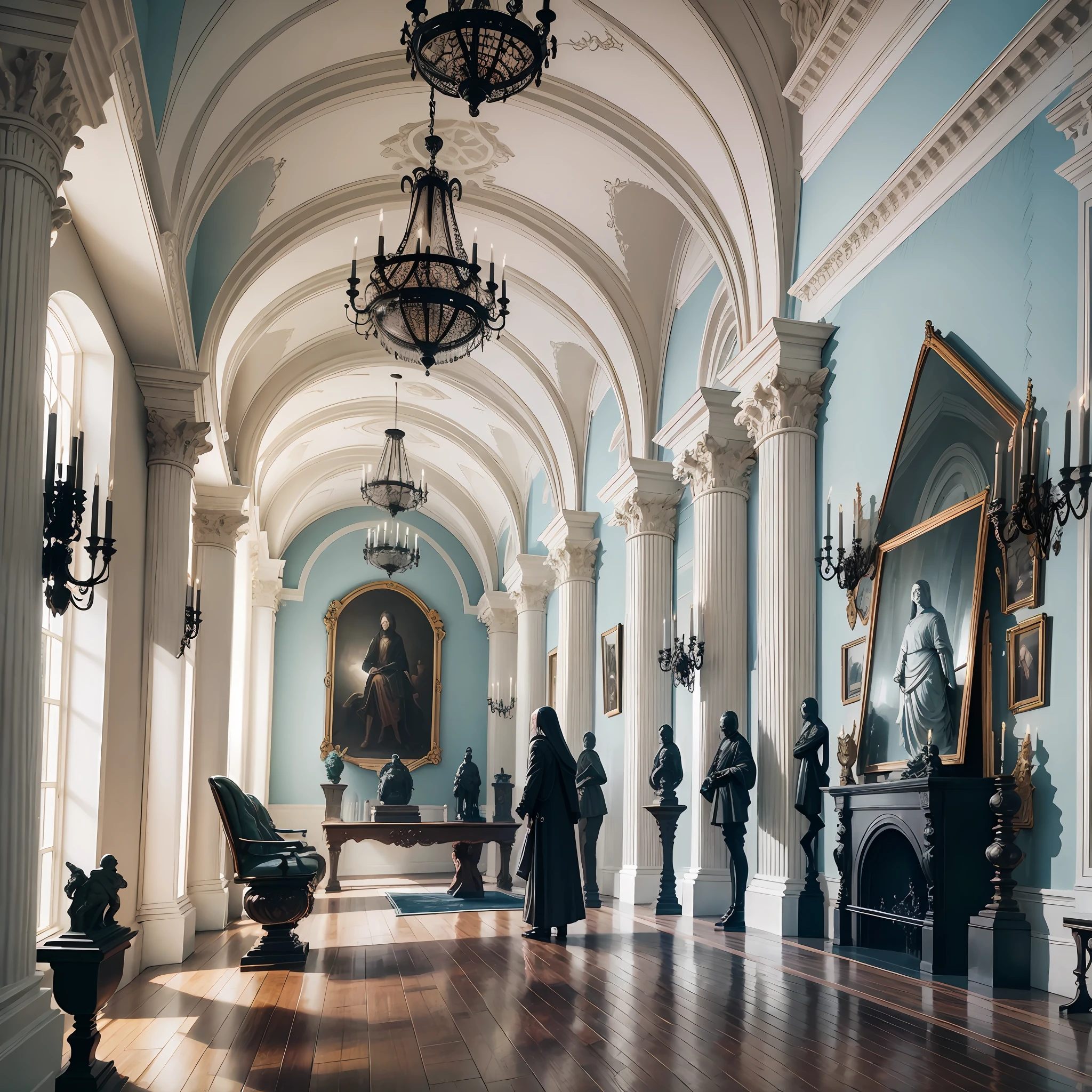 Superior quality, best quality, real image, realistic image, real photo, interior of a white house, cool colors, with artwork and statues, dark, gothic. --auto --s2
