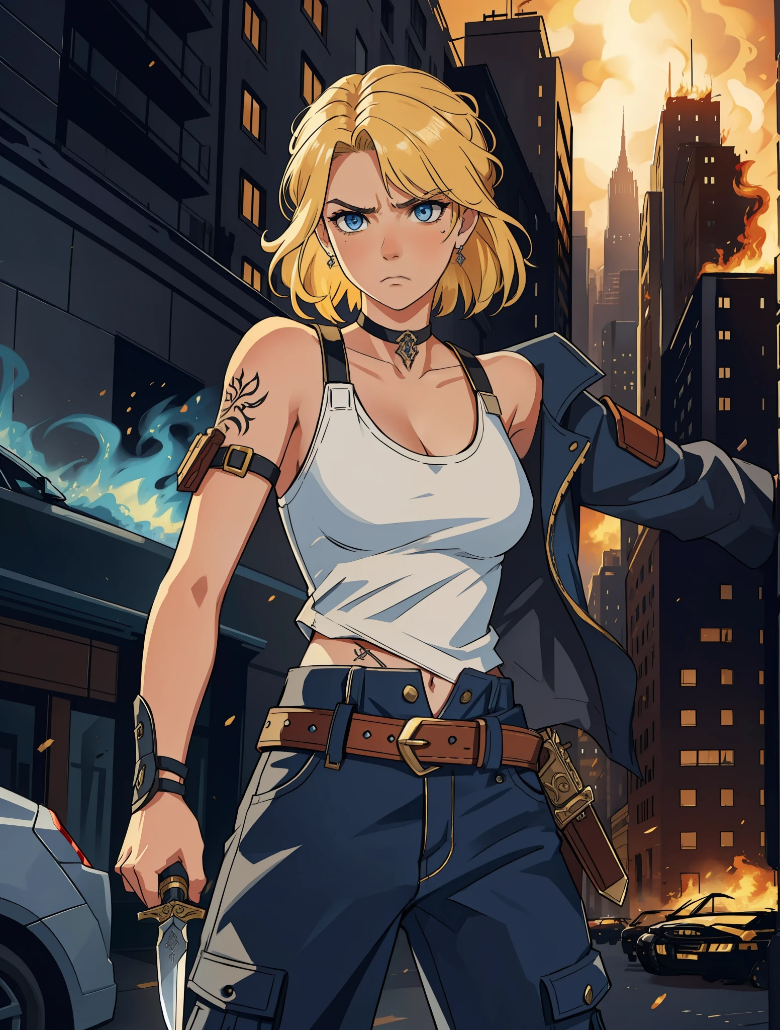 (masterpiece, best quality), intricate details, 8k, artstation, wallpaper, official art, splash art, sharp focus,
1girl, medium hair above shoulders, blue eyes, blonde hair, dagger tattoo on her neck, holding a knife in her hand, with a cold and angry expression
Wearing a short white top showing his belly, with a pair of cargo pants, with a belt with knives
skyscrapers on fire, city, buildings, cars and streets destroyed, apocalypse
