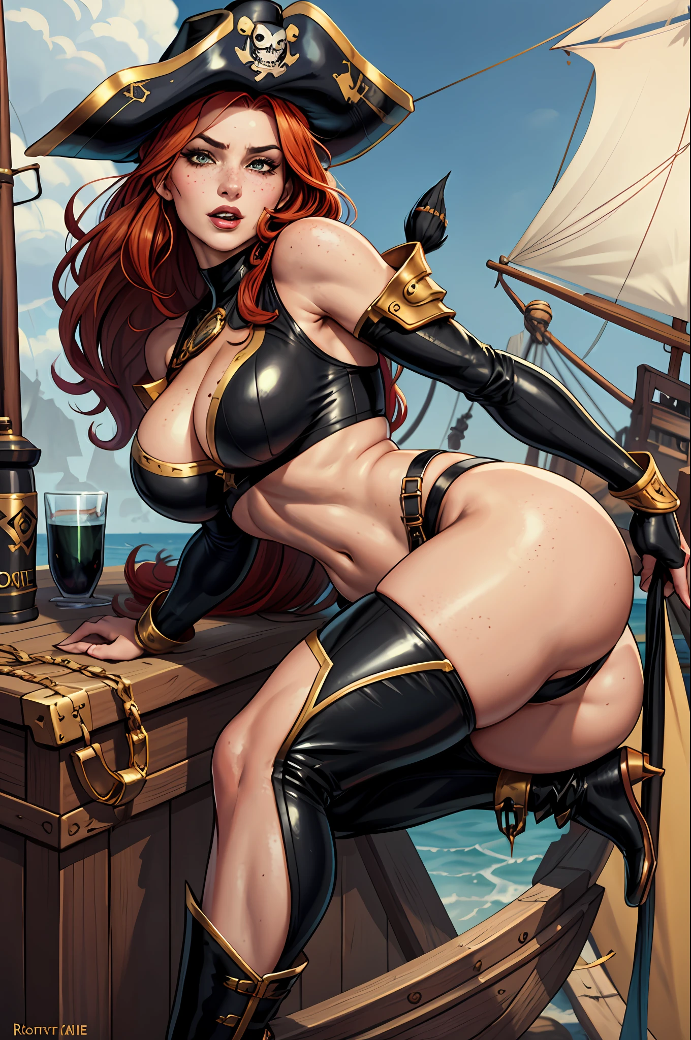 Only female, golden ratio, super high resolution, tall and beautiful woman, big breasts, round breasts, prominent, lively tits, pouting ass, sexy thighs, cold, excited expression, black leather pants, black gold-rimmed boots, black pirate hat, golden ornaments on the hat, a few freckles, green eyes, red long hair, white sea suit, black bra, exposed chest and shoulders, on a pirate ship, League of Legends, Miss Doom.