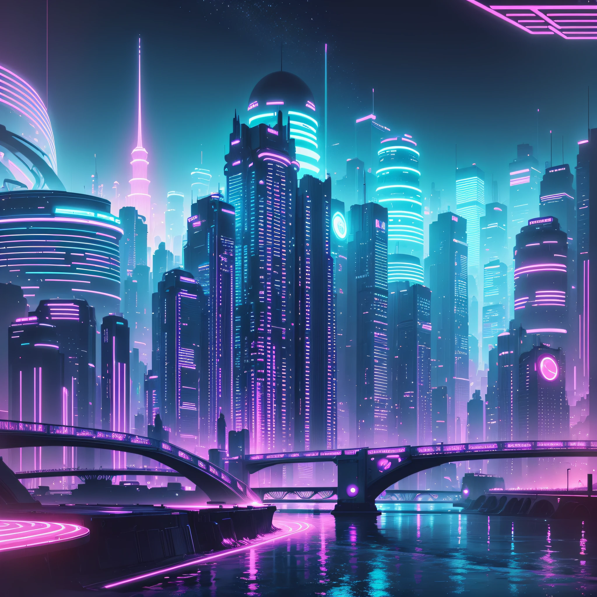 an illustration of a futuristic city with neon lights and a river running through it by Kilian Eng --auto --s2