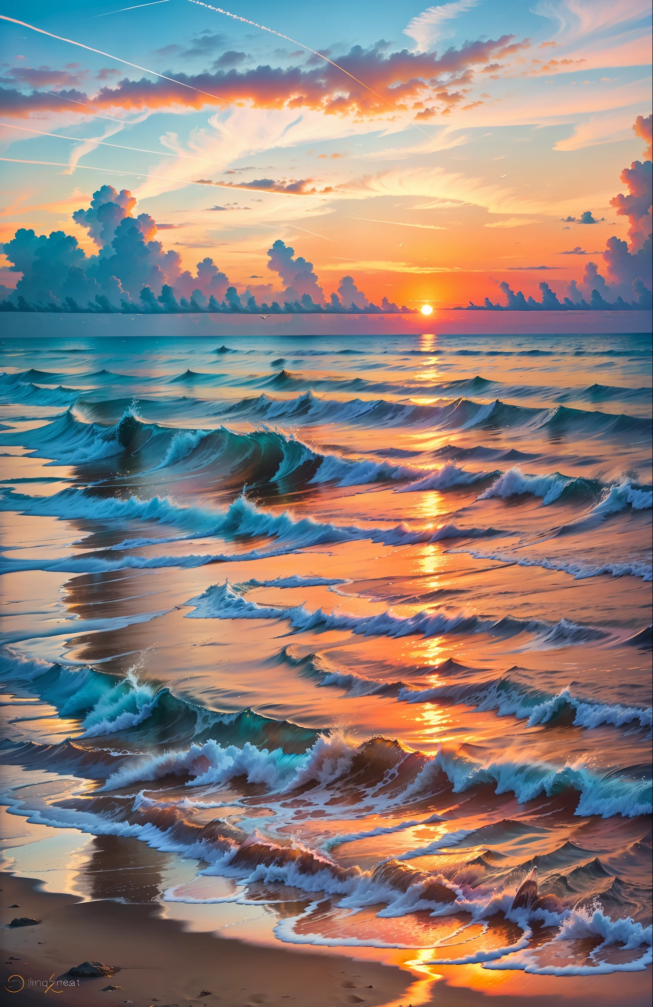 An absolutely mesmerizing sunset over the beach, with a blend of oranges, pinks, and yellows filling the sky. Crystal-clear waters of the sea gently kissing the shore, with sandy white beach stretching far and wide. The scene is dynamic and breathtaking, with seagulls soaring high in the sky and gently swaying palm trees. Take in the calming atmosphere and let the peacefulness wash over you.