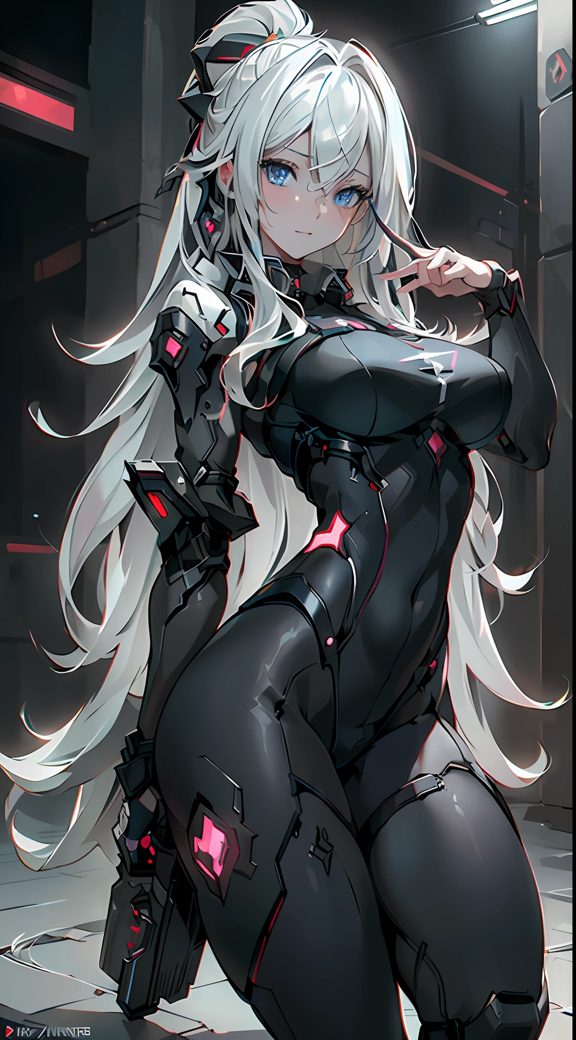 ((Best quality)), ((masterpiece)), (detailed:1.4), 3D, an image of a beautiful cyberpunk female,HDR (High Dynamic Range),Ray Tracing,NVIDIA RTX,Super-Resolution,Unreal 5,Subsurface scattering,PBR Texturing,Post-processing,Anisotropic Filtering,Depth-of-field,Maximum clarity and sharpness,Multi-layered textures,Albedo and Specular maps,Surface shading,Accurate simulation of light-material interaction,Perfect proportions,Octane Render,Two-tone lighting,Wide aperture,Low ISO,White balance,Rule of thirds,8K RAW, (silver hair, blue eyes, (midriff, belly exposed, huge breasts), thick thighs, narrow waist, beautiful face, (perfect face), sexy, dinamic pose, erotic, silver and black clothes whit red leds)
