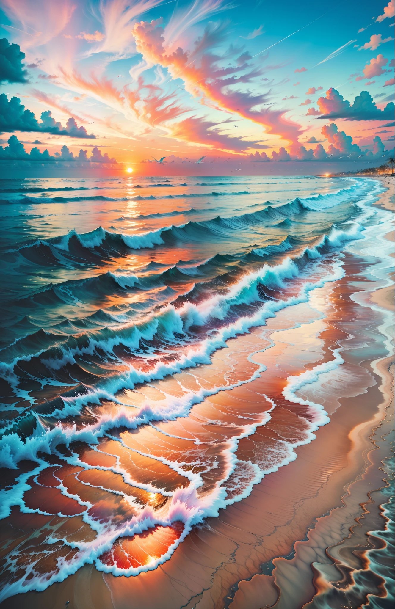 An absolutely mesmerizing sunset over the beach, with a blend of oranges, pinks, and yellows filling the sky. Crystal-clear waters of the sea gently kissing the shore, with sandy white beach stretching far and wide. The scene is dynamic and breathtaking, with seagulls soaring high in the sky and gently swaying palm trees. Take in the calming atmosphere and let the peacefulness wash over you.