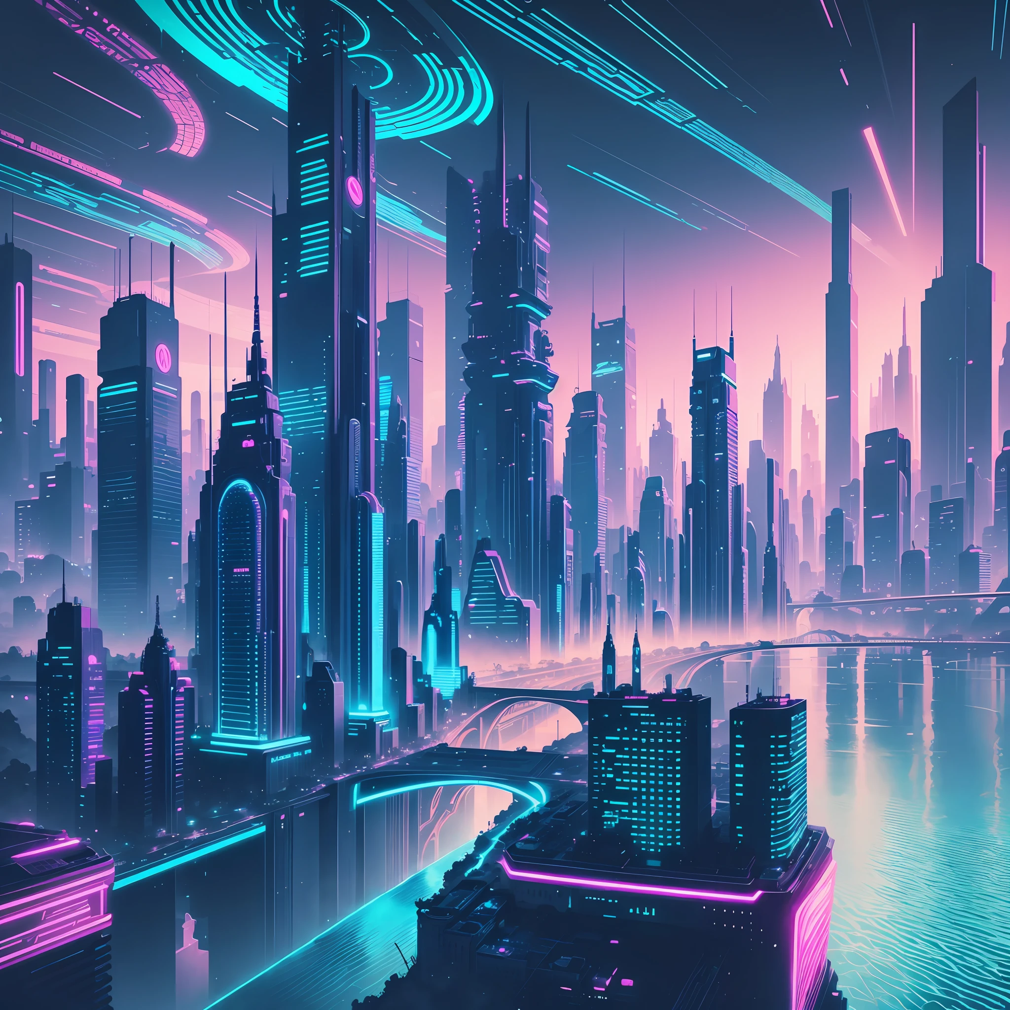 an illustration of a futuristic city with neon lights and a river running through it by Kilian Eng --auto --s2