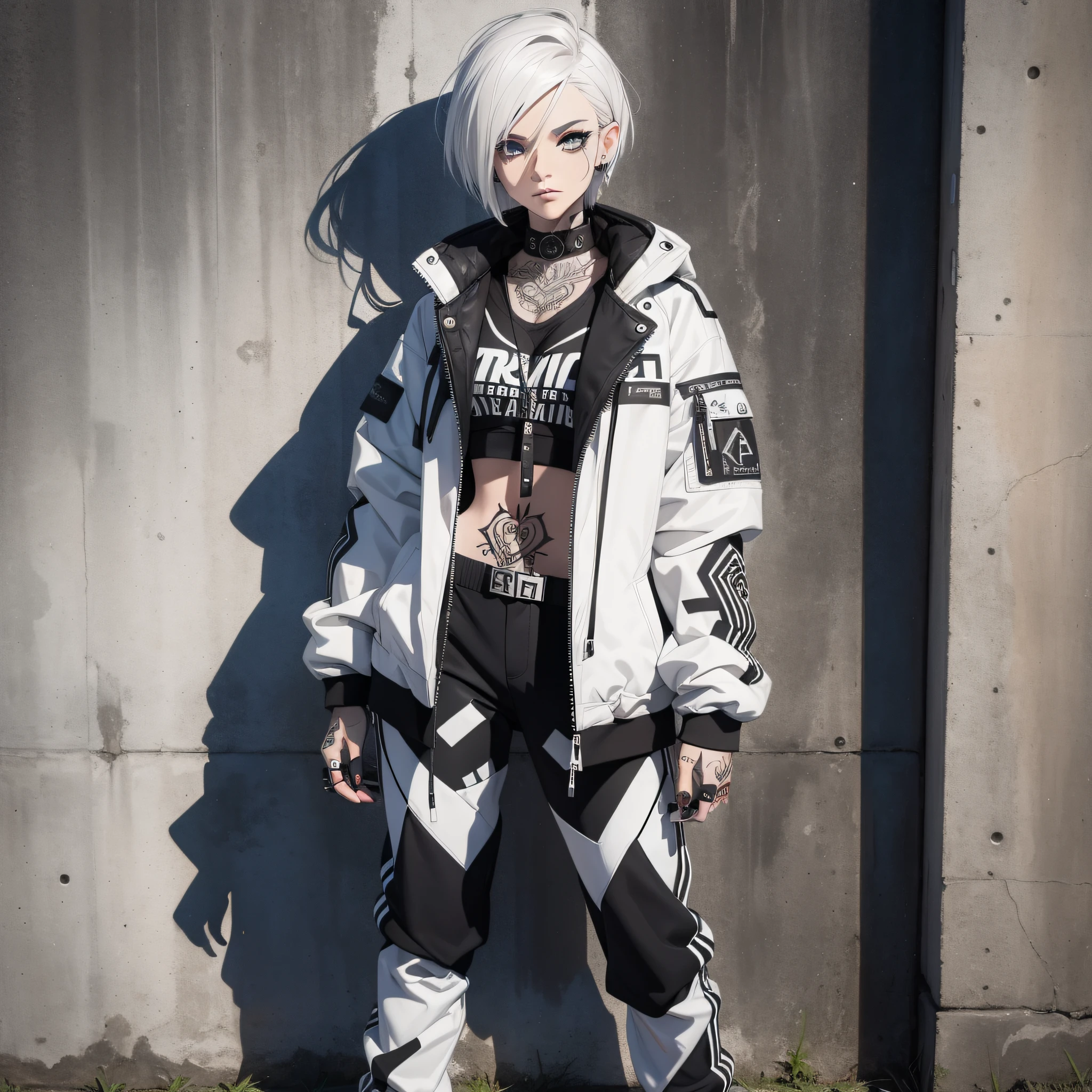 BREAK(a badass, stylish, gothic, techy, tattooed woman) (doing graffiti) with (paint marks on her jacket and face) (short white hair) (jacket and pants with intricate black and white geometrical patterns as style) (androgynous look), (standing with her arms and legs crossed, leaning on wall), (graffiti on the wall, vibrant, colorful), (masterpiece) full body, portrait, 8k, 50mm BREAK