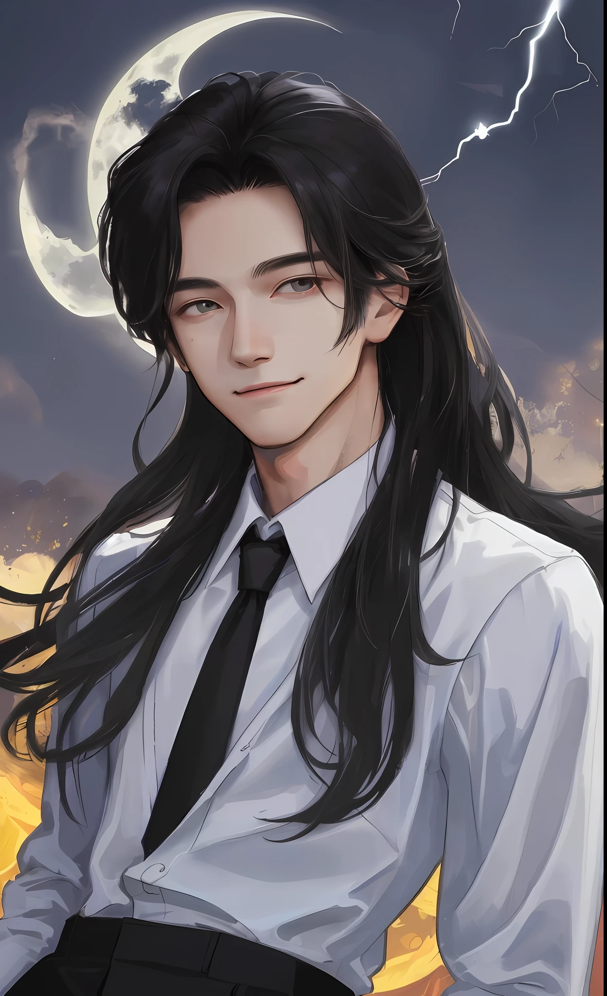 Masterpiece, Best Quality, Realistic, 1 man, male focus, tall, cute, smile, closed mouth, shirt and black pants, portrait, extremely detailed face, autumn Halloween season, Korean face, idol face, long black hair, cinematic lightning, background with dramatic light, October, moon, night time