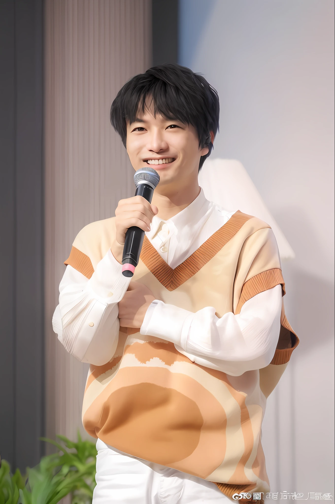 araffe man in a sweater holding a microphone and smiling, toru furuya, tanaka suguru, yuya nagai, yasumoto oka, kousuke oono, takeyuki kanda, tomohiro shimoguchi, tsutomo nihie, yoji takeshige, tetsuya nomura, shiori teshirogi
