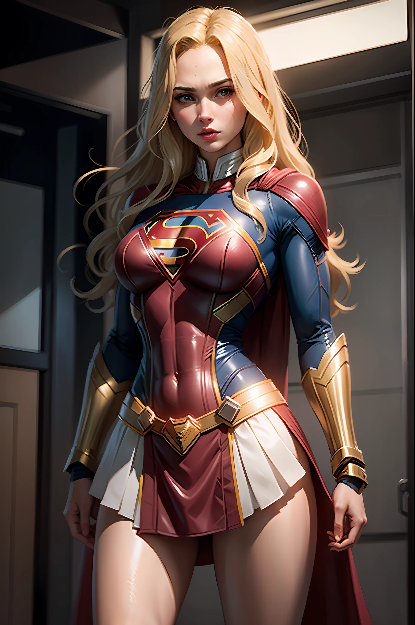 Gal Gadot, long blonde hair, 18 years old, large breasts, wearing (high school Supergirl Suit), highly detailed, Artstation, smooth, sharp focus, 8K, (underboob)