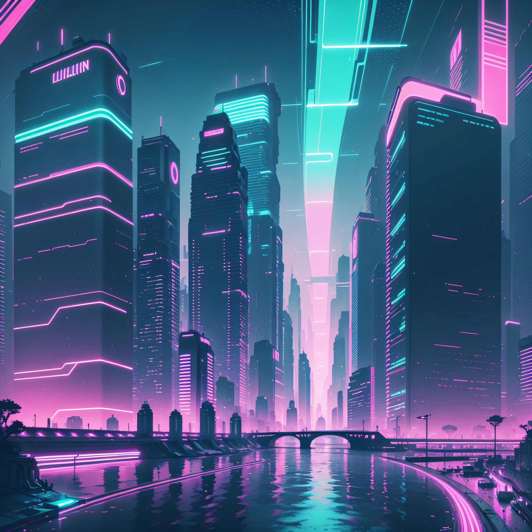 an illustration of a futuristic city with neon lights and a river running through it by Kilian Eng --auto --s2