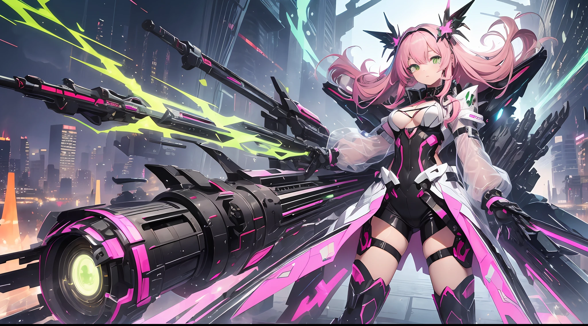 (((masterpiece)))fullbody,fullbodyshot (1 girl)(((pink hair, long hair,straight hair,two side up))), (((green eyes))),eyeshadow, eyeliner,glow eyes, hyper detailed eyes, intricate eyes, beautiful eyes, detailed eyes,((star-shaped pupils,glowing pink pupils))18-year-old girl.((wearing a Transparent jacket made of PVC material)).huge cool Gatling in hands, huge cool weapon machine, mecha, mechanism, machine, open stance,