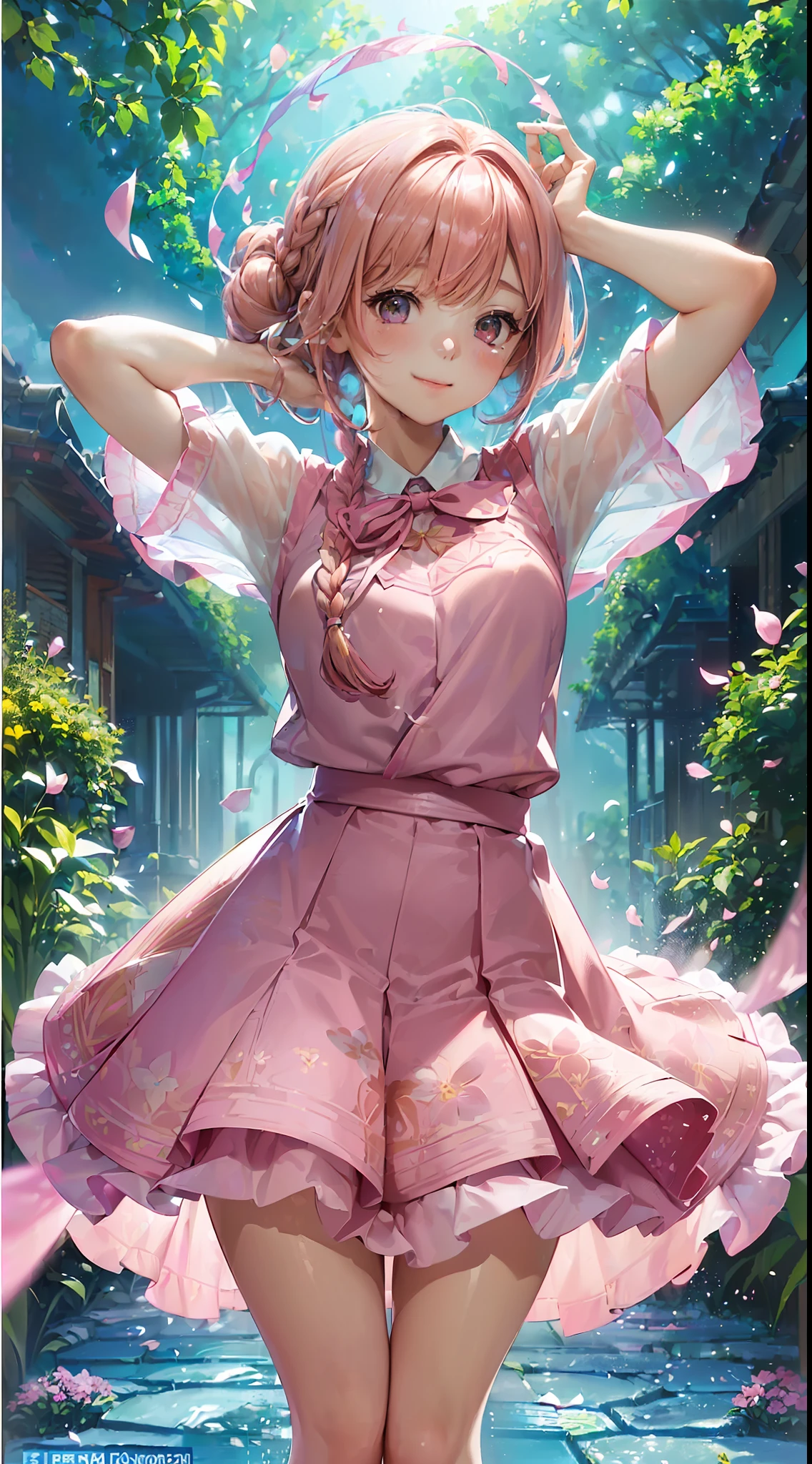 High resolution, ultra-detailed, ((((2D))), Japan person, 1 girl, -yeld hischool girl, (((pink hair)), intricate and beautiful braided hairstyle, pink school uniform, uniform by designer, short sleeves, (bob hair), dull bangs, finely detailed eyes, golden ratio face, 8 lifents, sunlight, complex iridescent light grains, complex light reflection, beautiful petal shower, background blue sky, transparency, hidden beauty, Smiling, deep description, full body, full of energy, looking at the viewer, fantastic description, complex attraction, tenderness overflowing from within, neon, beautiful fine petals or dancing, little skin exposure, dynamism, carefully drawn fingers, many flowers drawn, soft skin, heart ribbon,