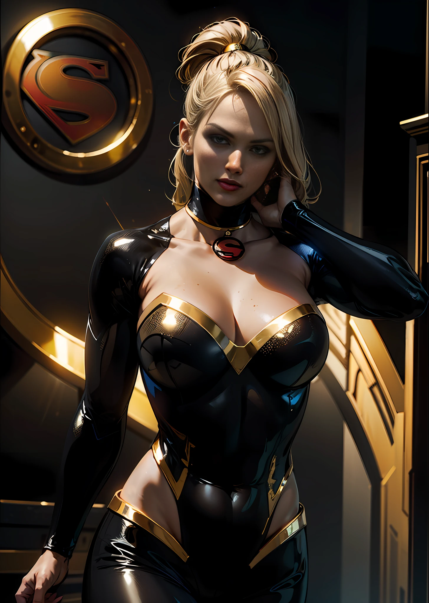 (masterpiece), best quality, high resolution, ultra-detailed, Supergirl in her iconic Black and Gold suit, dynamic angle, powerful pose, floating, vibrant colors, glowing effect, volumetric light, dark background.