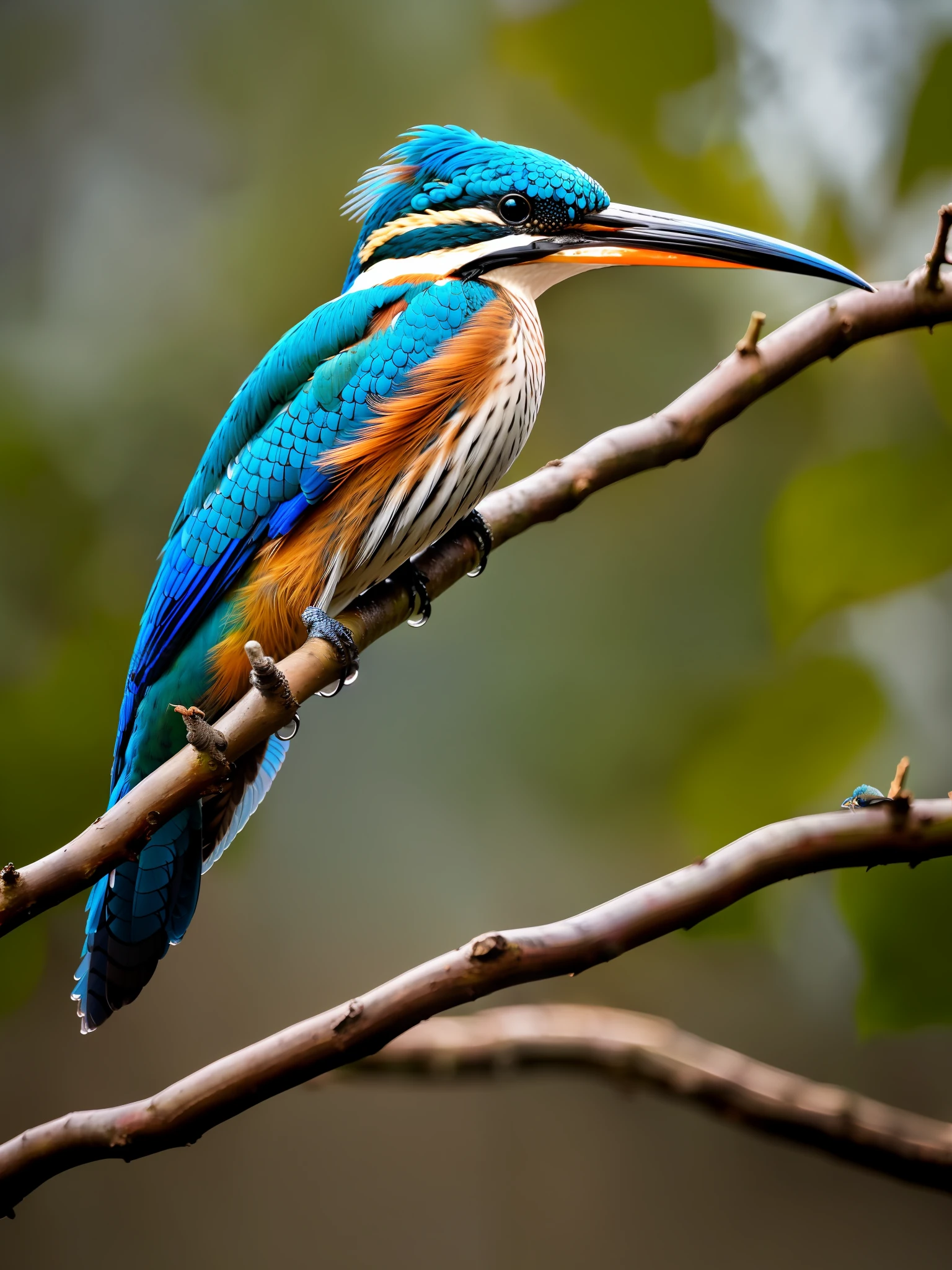 superb kingfisher on a branch near budding white cherry flowers, dark, dawn, (chilly early morning:1.1), (morning dew:1.15), realistic photography, (low-key photograph:1.2), detailed, 8k, intricate ruffled feathers, water droplets on the feathers, (to8contrast style), (mist:0.7), vivid colors, Sony a6600 Mirrorless Camera, embellish2