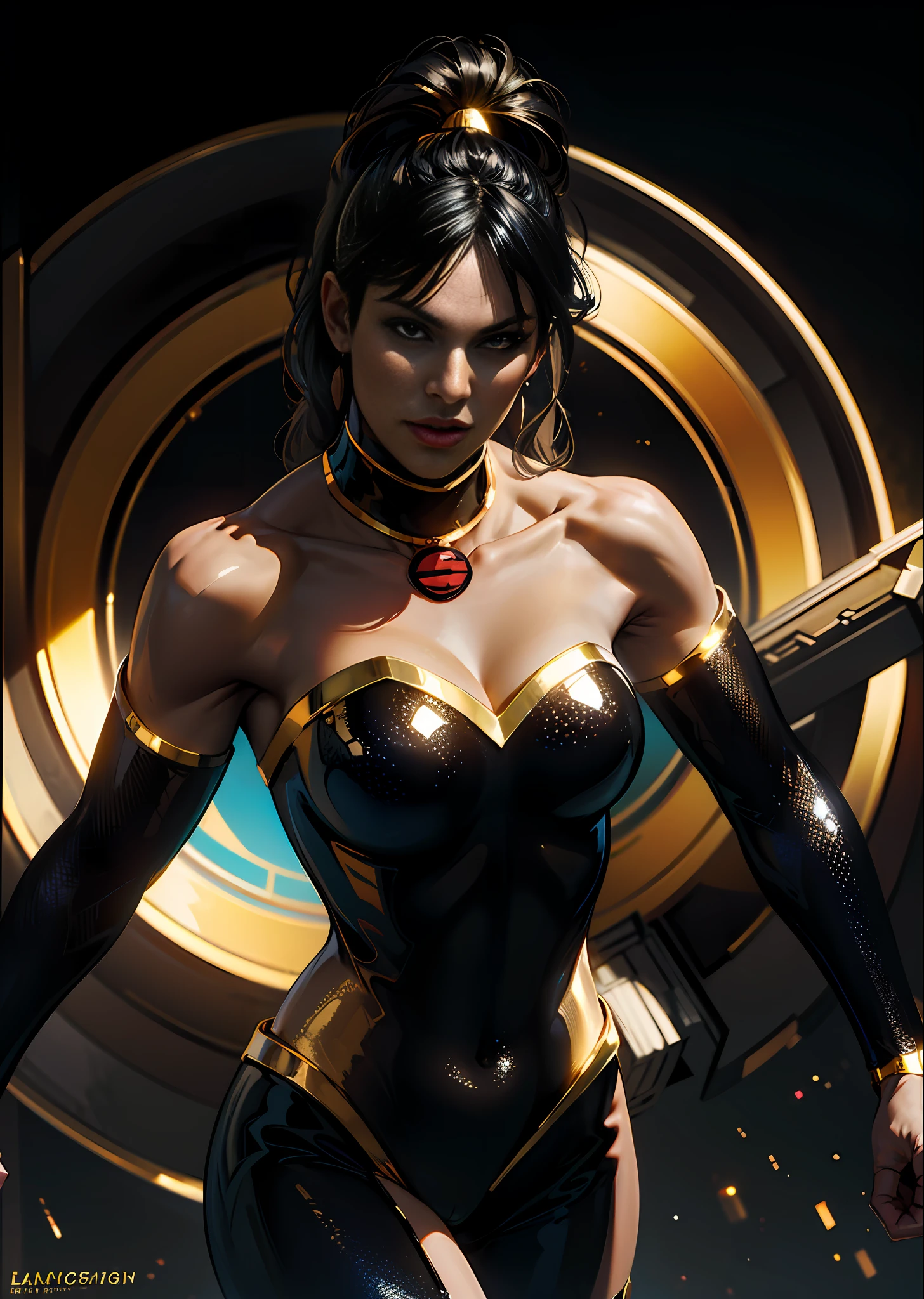 (masterpiece), best quality, high resolution, ultra-detailed, Supergirl in her iconic Black and Gold suit, dynamic angle, powerful pose, floating, vibrant colors, glowing effect, volumetric light, dark background.
