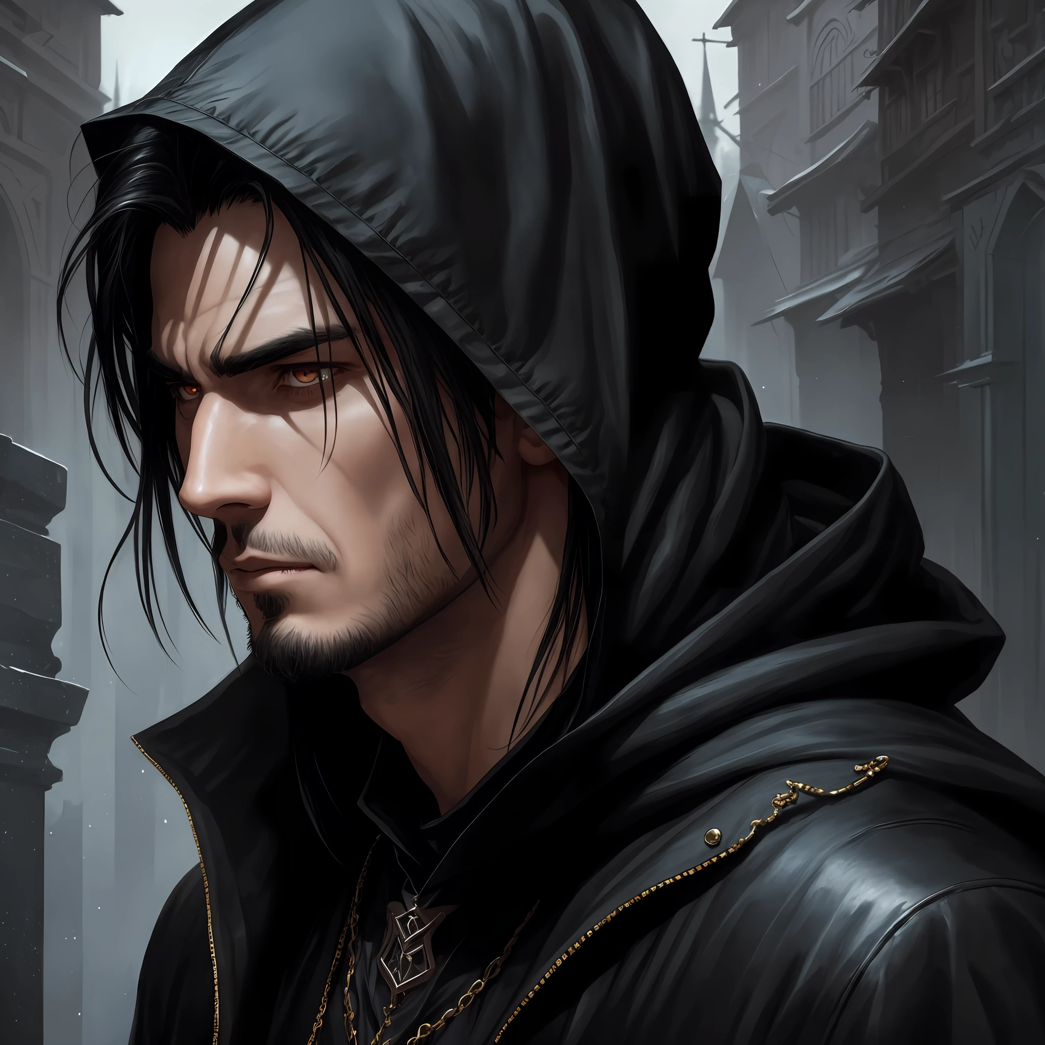 alluring highly detailed close-up portrait of beautiful man with black haired wearing a dark clothes, dark skin, vampire, serious, hooded, goth style, living in dark Village, darkness, very detailed, realistic, by Stanley Artgerm Lau, greg rutkowski, thomas kindkade, alphonse mucha, loish, norman