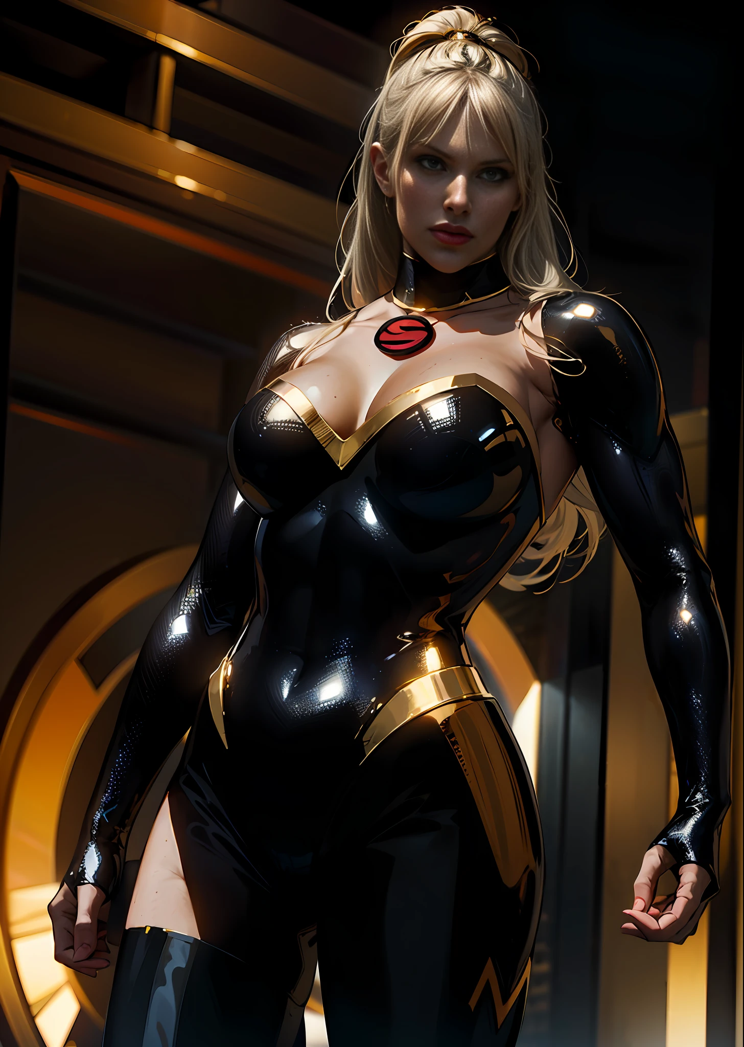 (masterpiece), best quality, high resolution, ultra-detailed, Supergirl in her iconic Black and Gold suit, dynamic angle, powerful pose, floating, vibrant colors, glowing effect, volumetric light, dark background.