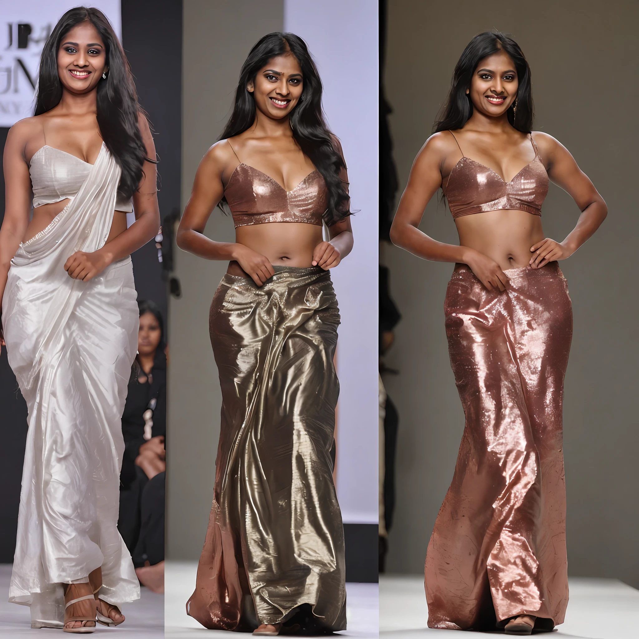 Side by side photo of a mallu woman ,(rampwalk:1.3), (fashion show:1.3),gown, fair skin,tall, seductive, detailed cute face, full lips, smiling, hyper realistic, ((skinny:1.0)), clothed, full body shot, visible navel, cleavage, messy black hair